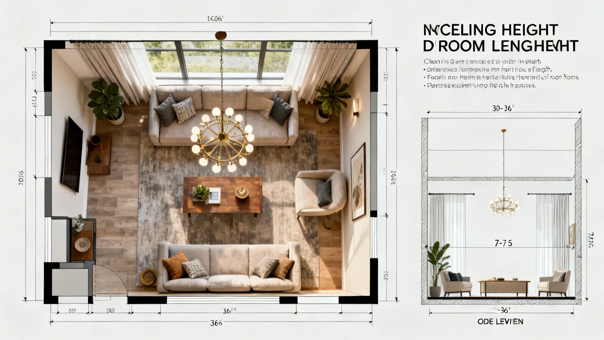 Top-down plan and side elevation showing jhoomar sizing and recommended hanging heights in a living room.