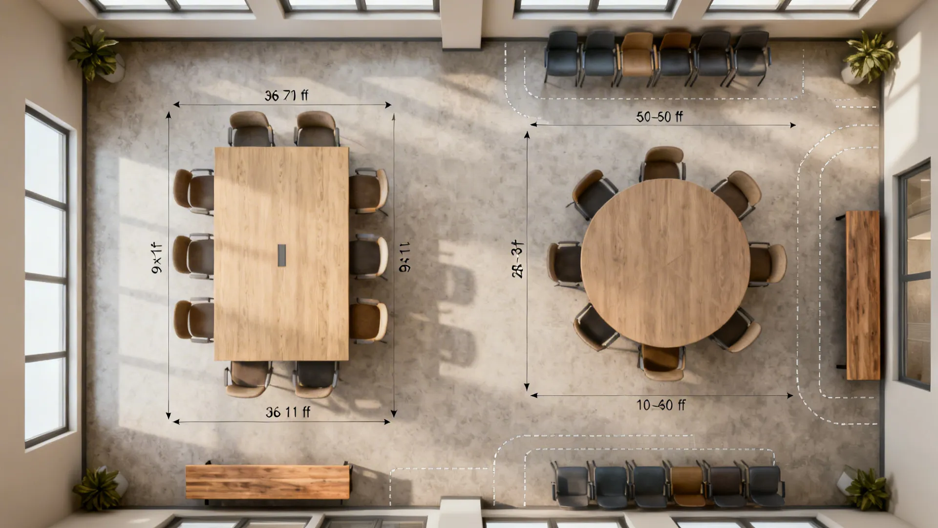Top-down layouts showing clearances for rectangular and round six-seat tables in small rooms.