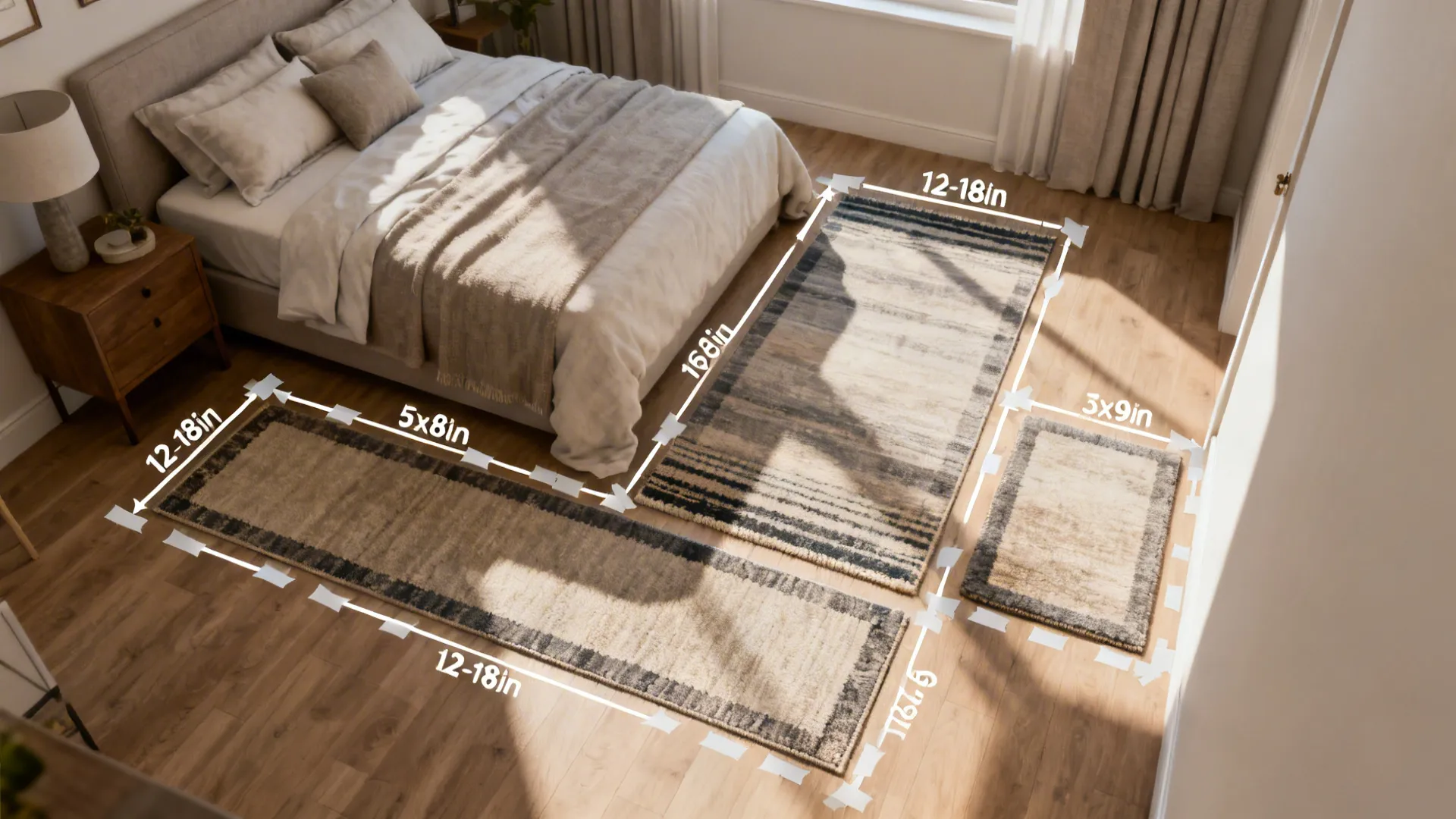 Top-down plan showing rug footprints and measurement rules for small bedrooms with a queen bed