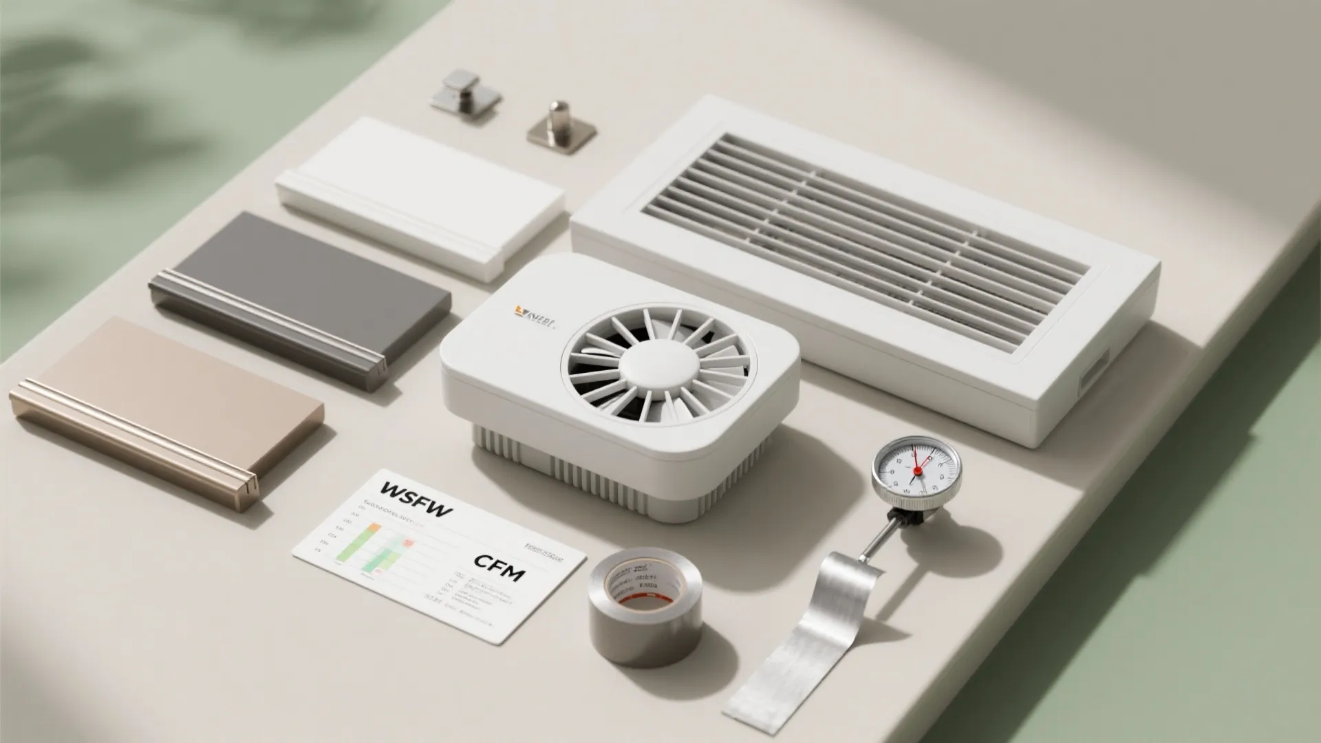 Ventilation fan unit and white vent grille with silver tape and a round thermometer gauge