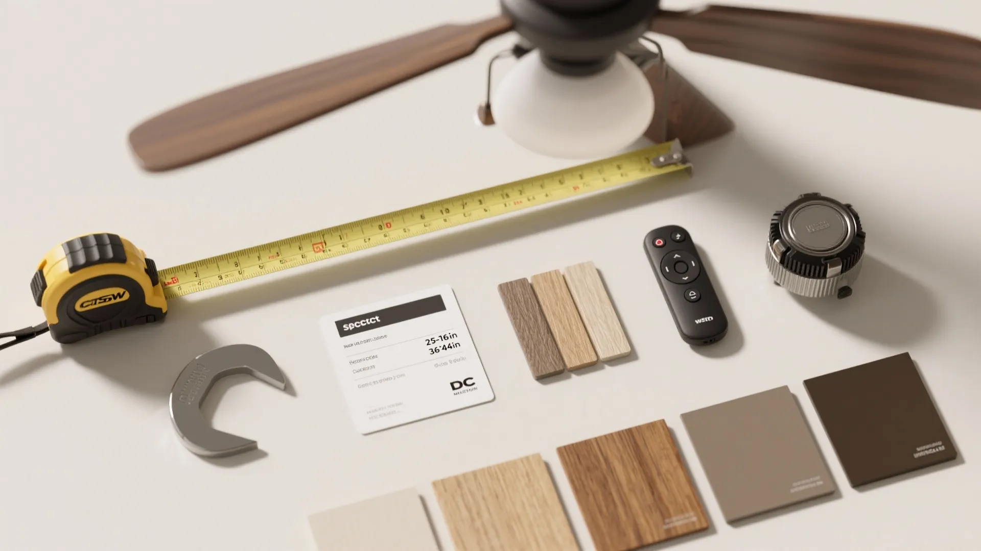 Measuring tape remote control and color swatches placed on table for ceiling light fan installation