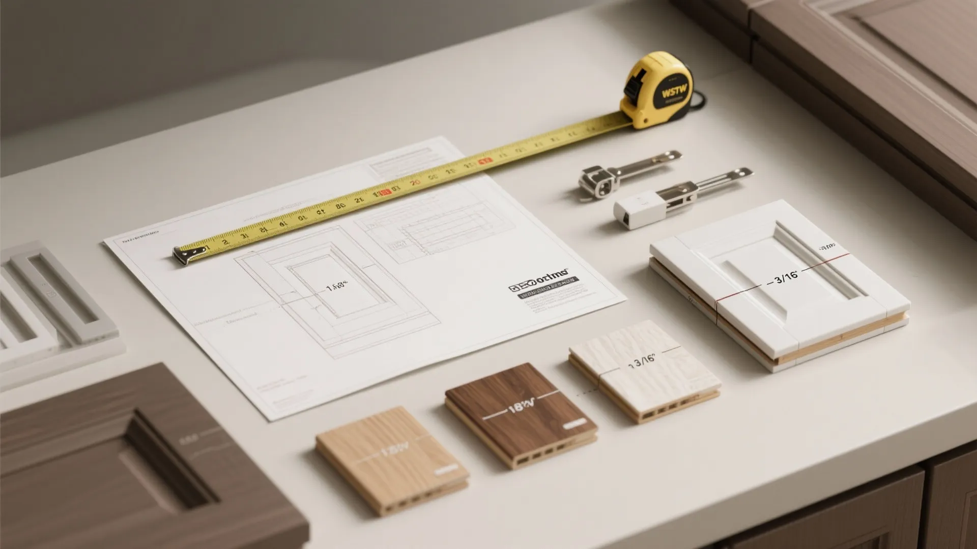 Interior design drawing with yellow measuring tape wood floor samples and white cabinet door pieces