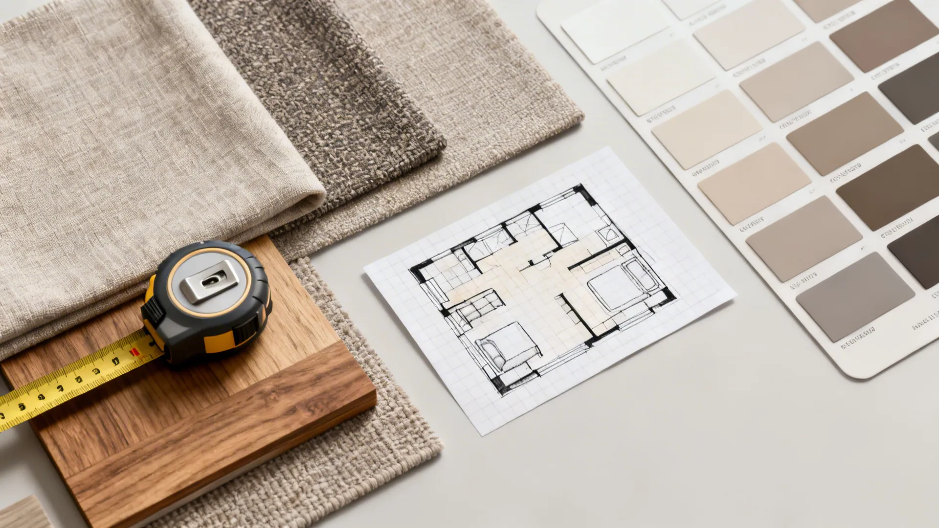 Interior design materials showing fabric samples wood piece measuring tape floor plan and a color palette