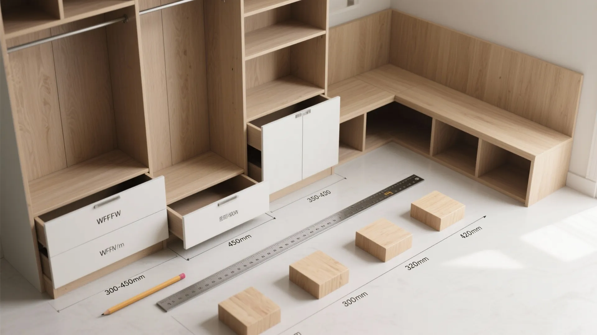 Wooden wardrobe units with white drawers and bench showing floor dimension markings for interior room planning