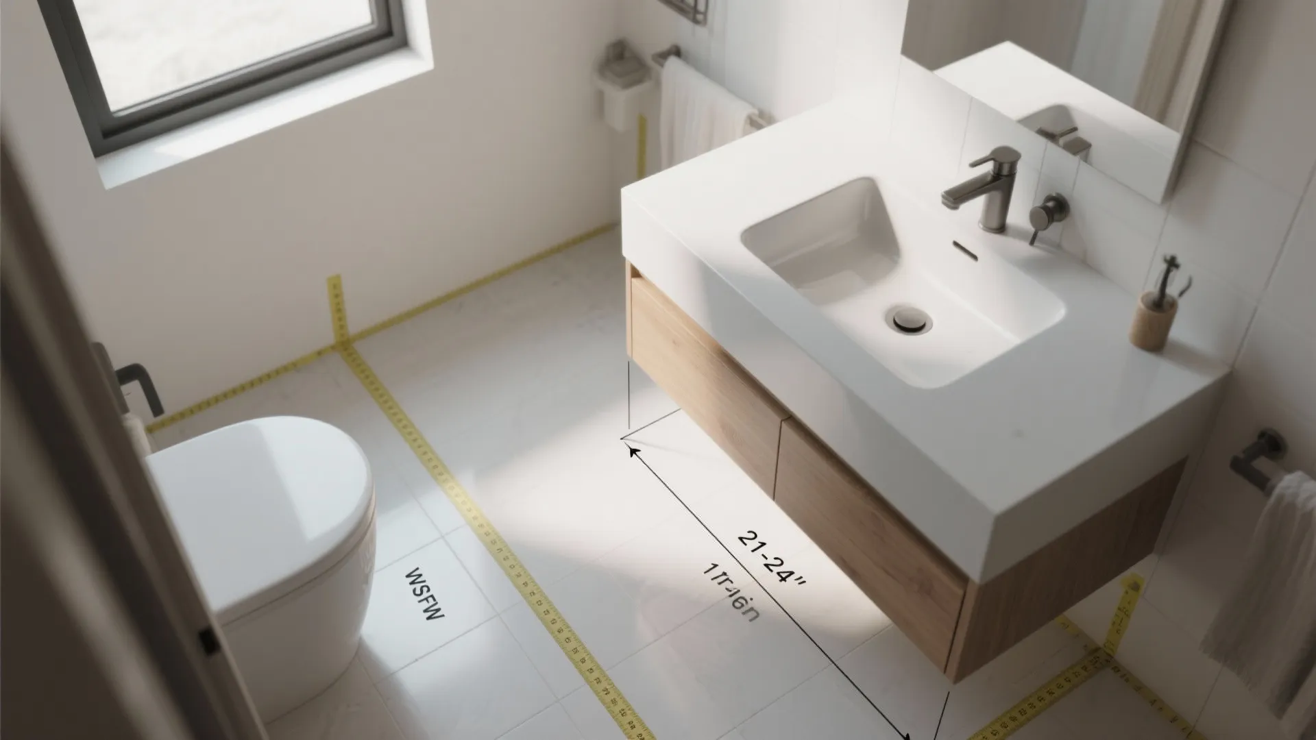 Top view of bathroom layout showing measurement lines between the white toilet and wooden cabinet