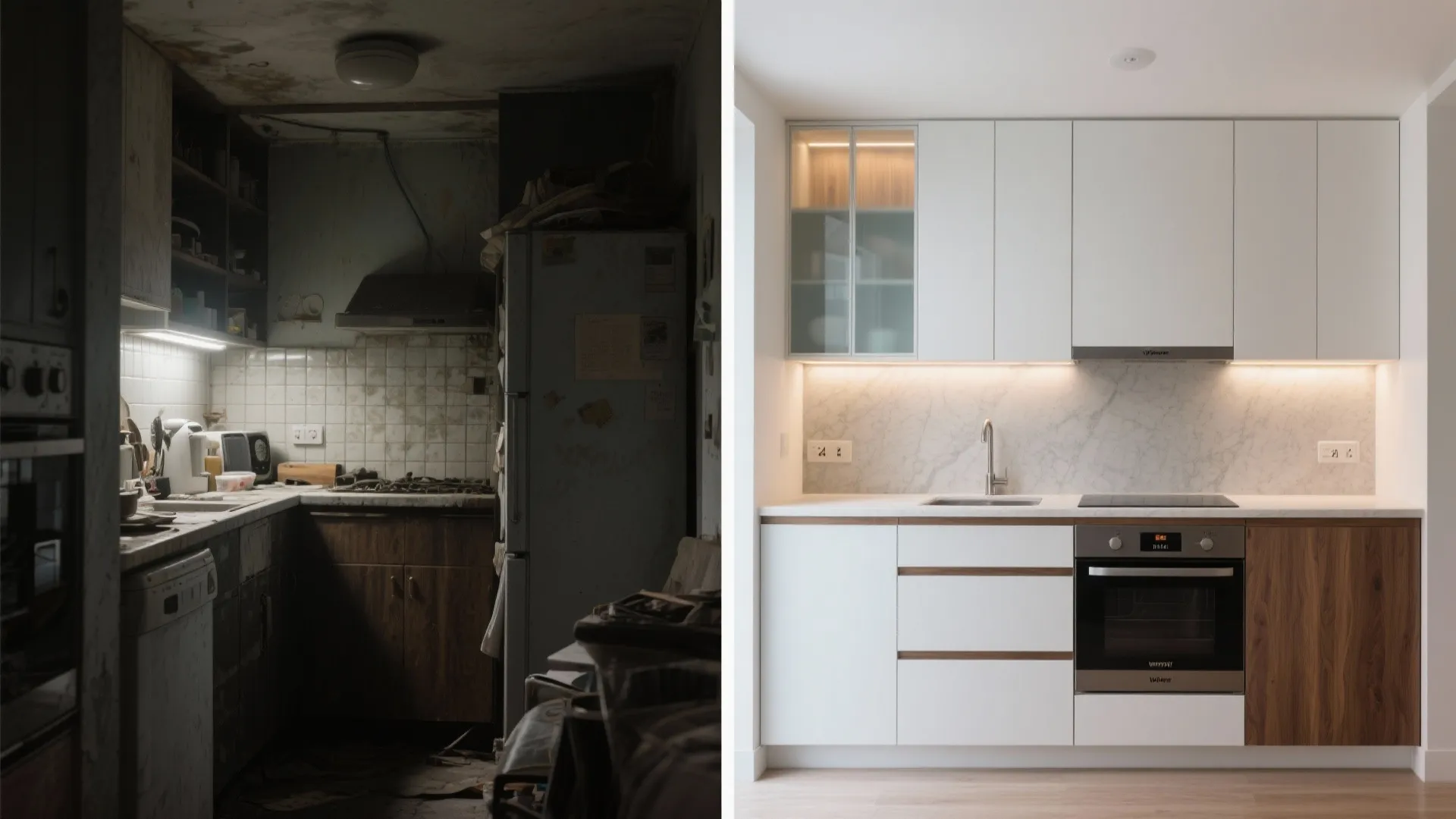 Before and after comparison of old dark messy kitchen versus new clean white modern kitchen renovation