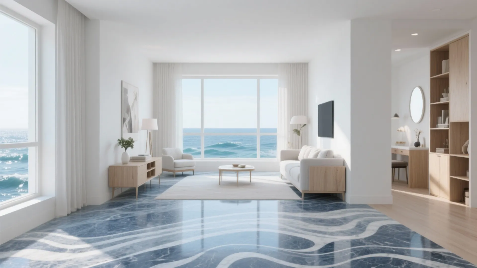 Modern bright living room with wave pattern blue floor white sofa and large sea view windows