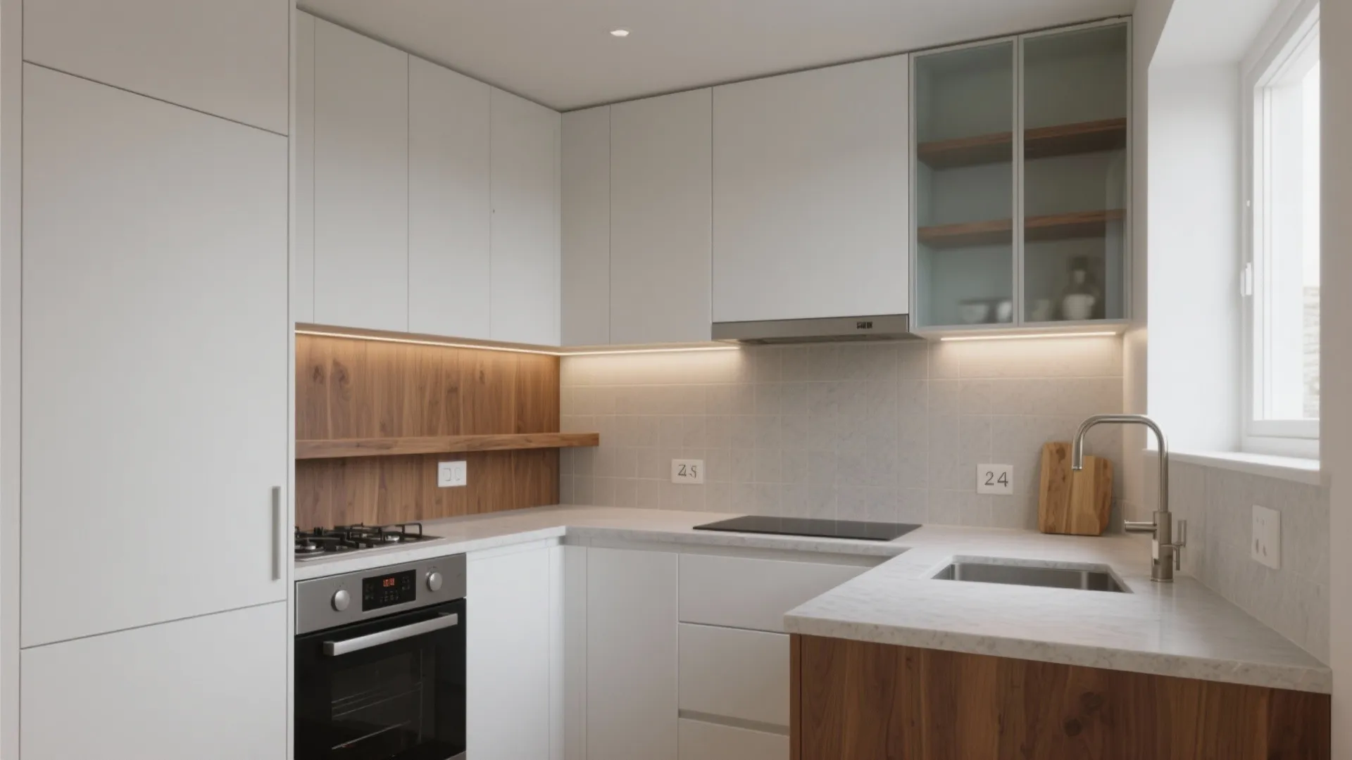 Compact white corner kitchen with wooden wall panels a black stove and glass cabinet doors