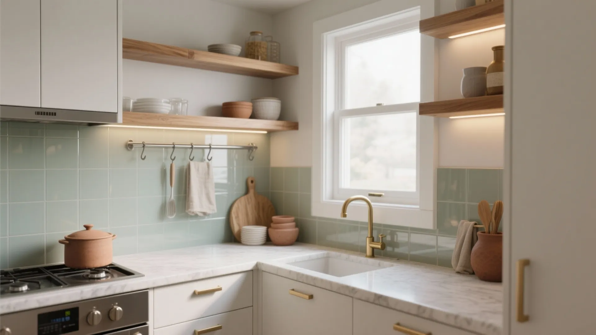 Modern kitchen featuring green tile backsplash white marble countertop gold faucet and wooden open wall shelving