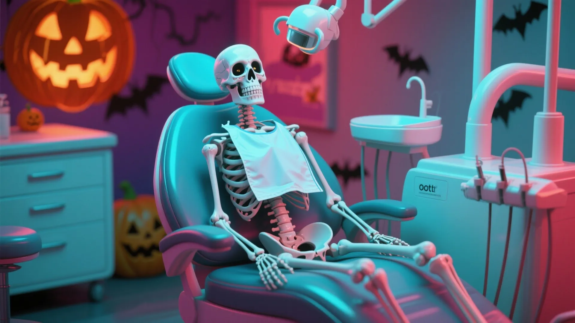Human skeleton sitting in a dentist chair with Halloween pumpkins and purple walls in the background