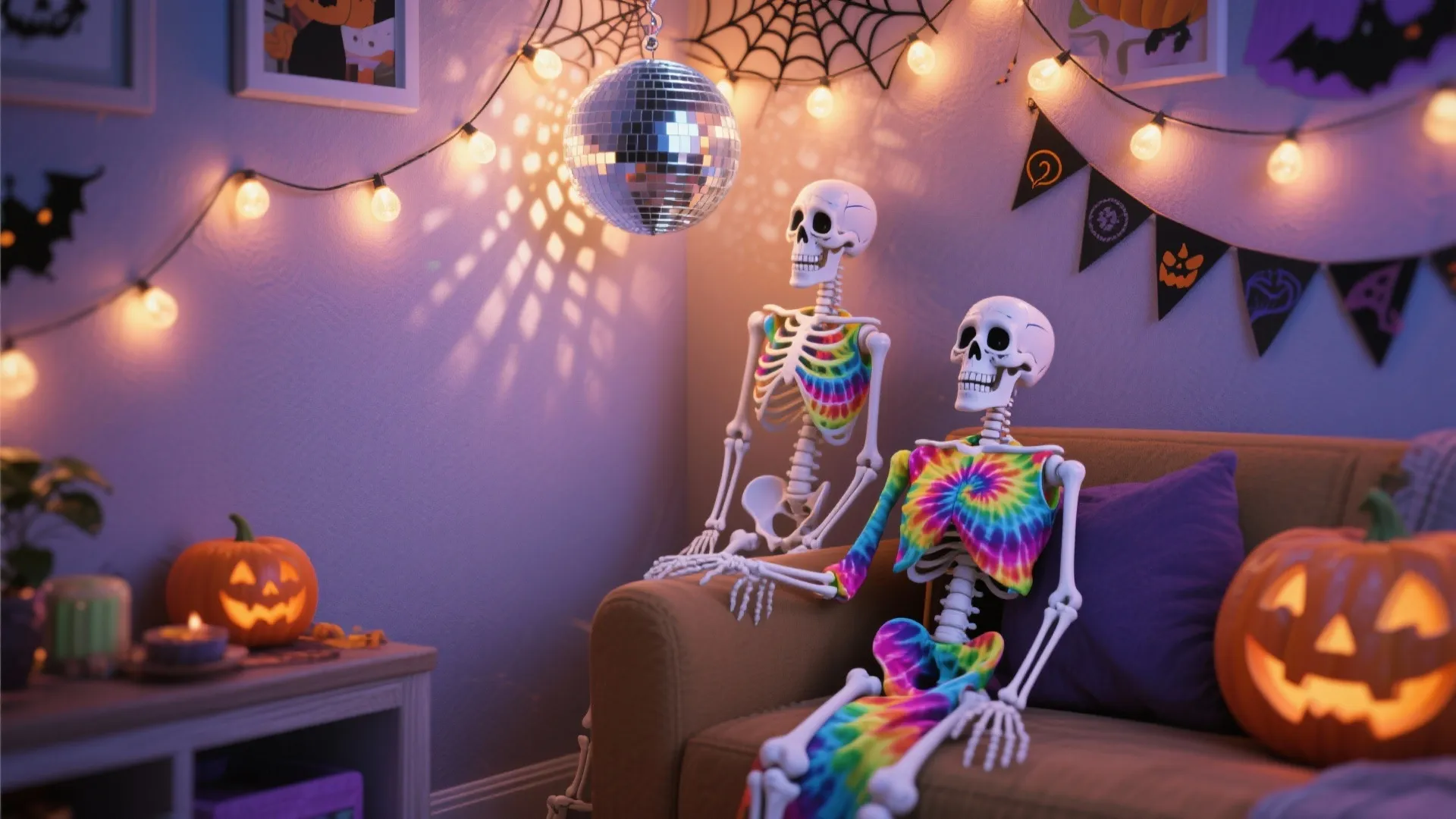Two skeletons wearing colorful shirts sitting on a sofa under a shiny silver ceiling light