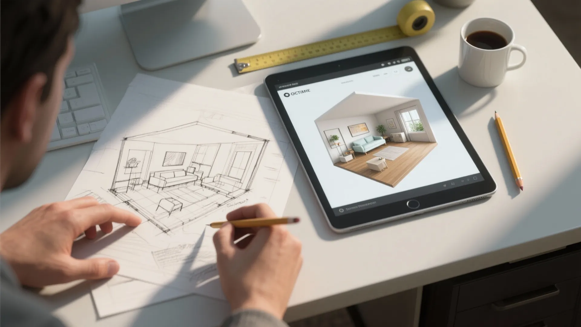 Interior design drawing of a living room next to a tablet showing the 3D model