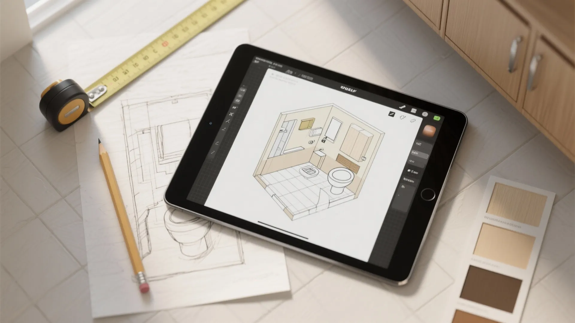 Top-down of sketch layout and tablet with 3D floor planner for bathroom storage planning.