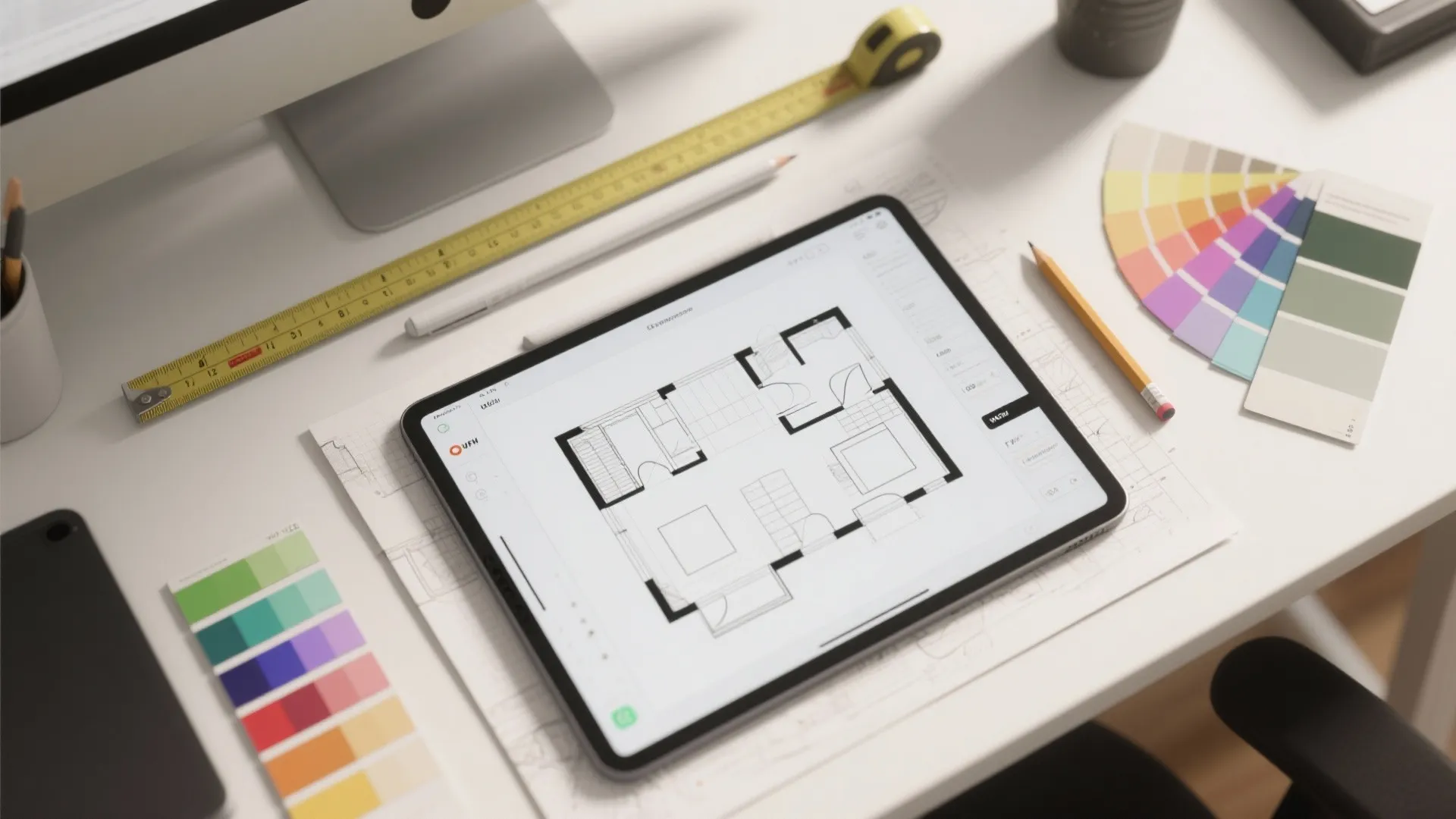A digital tablet showing a 2D room layout design on a desk with color swatches