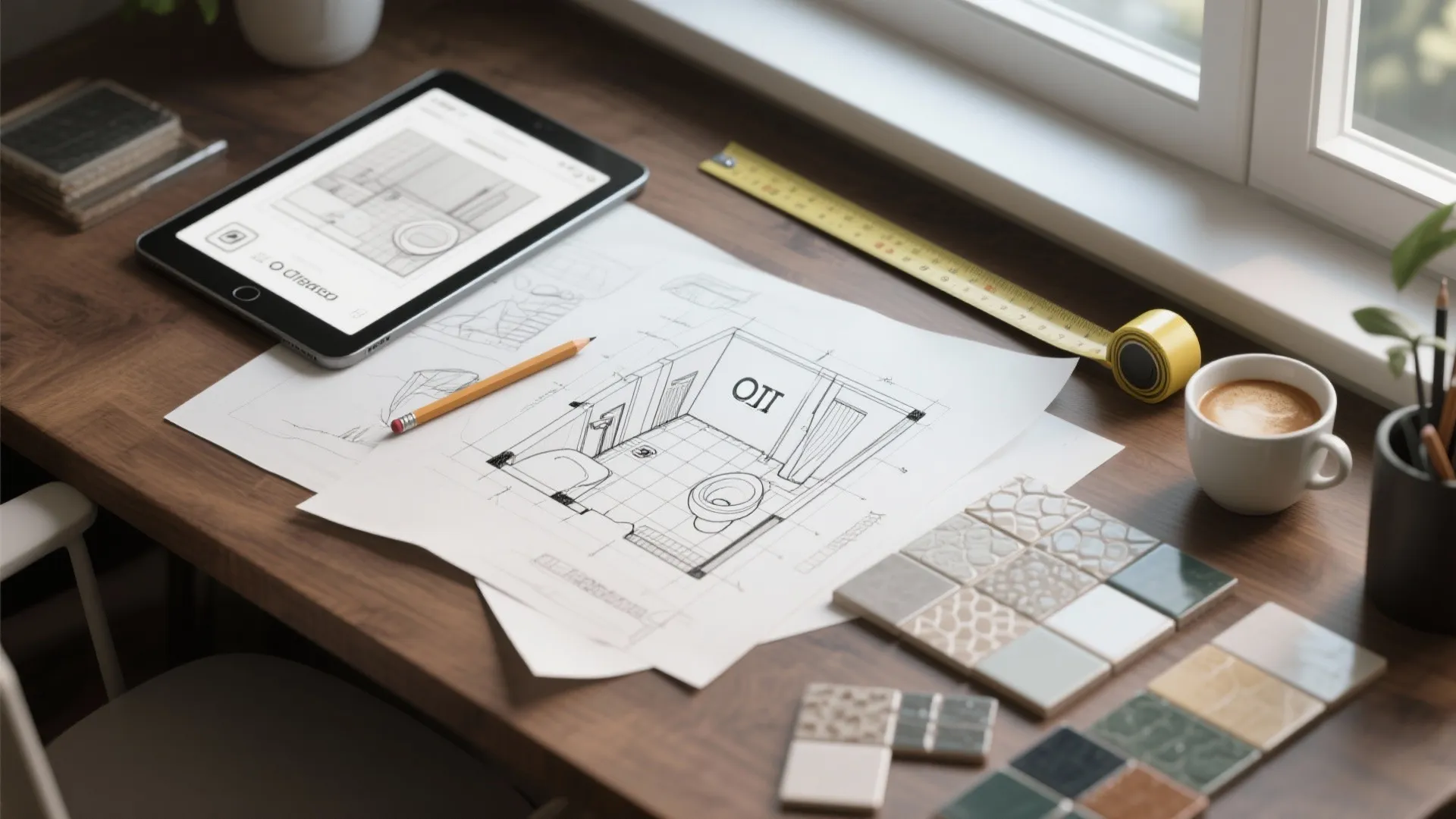 Hand drawn bathroom sketch on desk with tablet showing design tape measure and tile samples