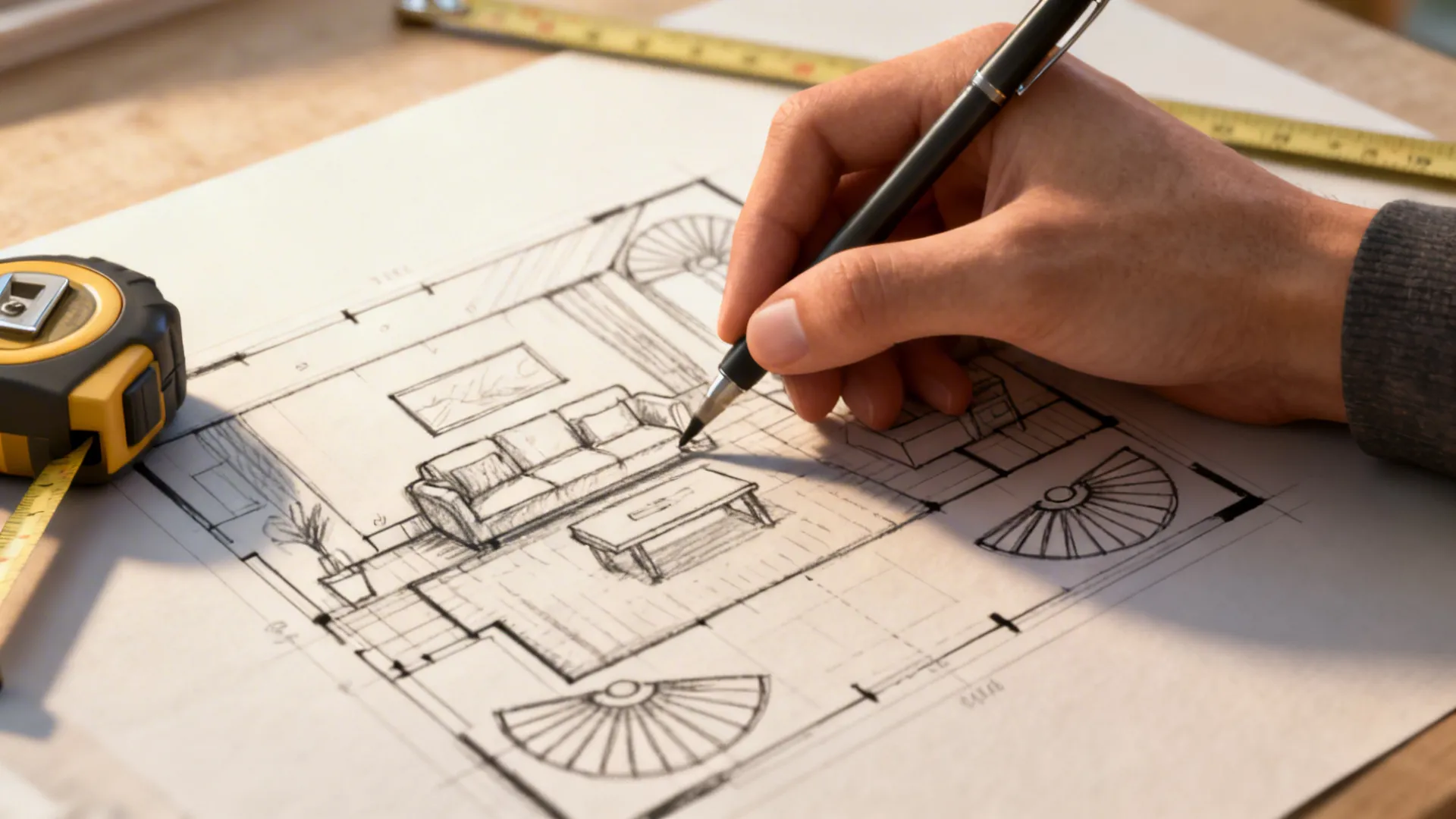 Hand sketching a living room plan with fan sizes and measuring tape