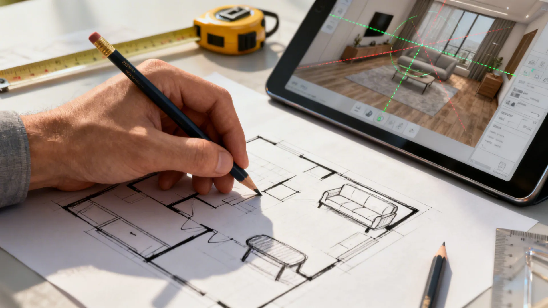 Sketchbook and tablet showing a 3D floor planner and quick layout sketches for room zoning.