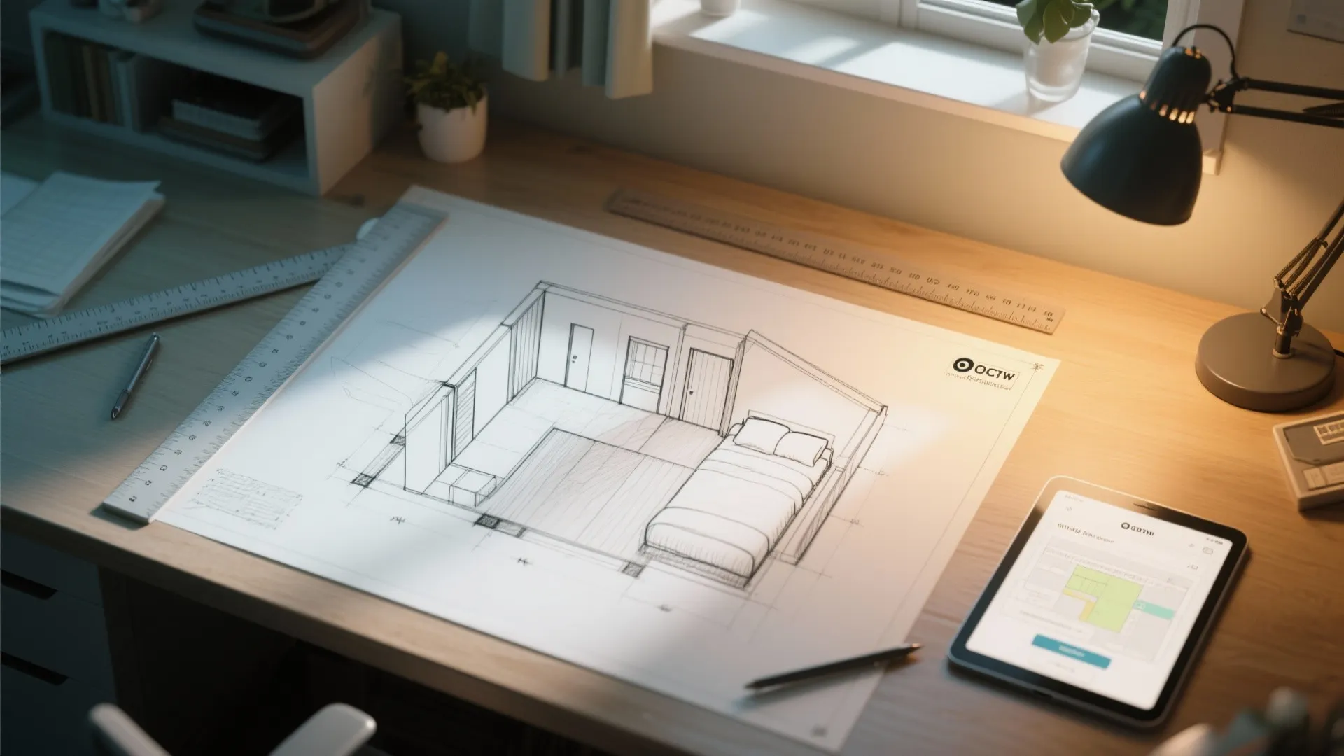 Top-down sketch of bedroom footprints and circulation with room planner on tablet.