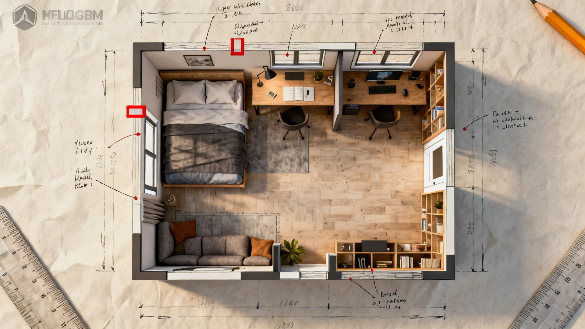 Top-down annotated sketch of a small-room layout with zones for sleeping, working, entertaining and storage.