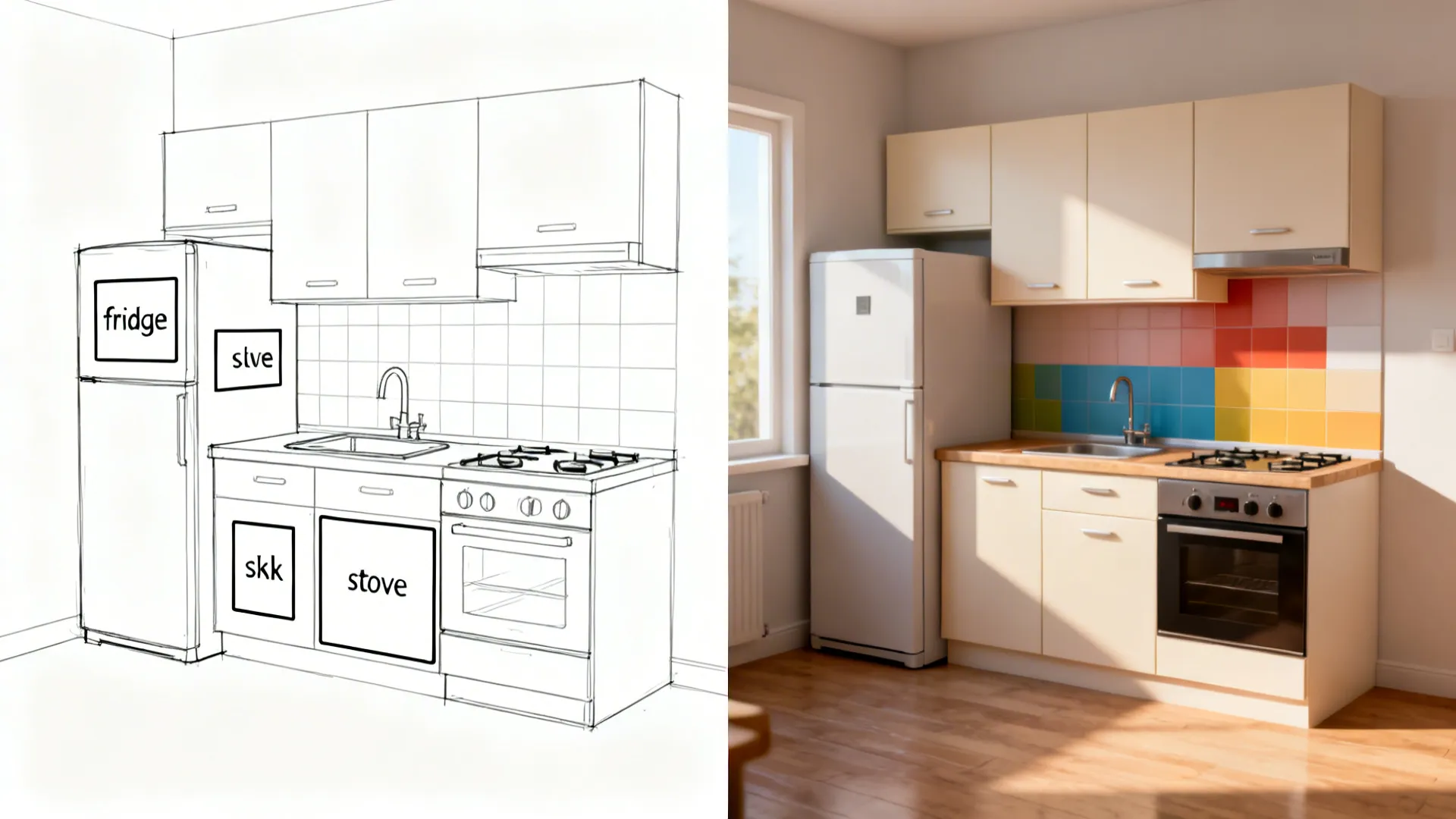 Before-and-after showing a simple block sketch alongside the matching finished small kitchen.