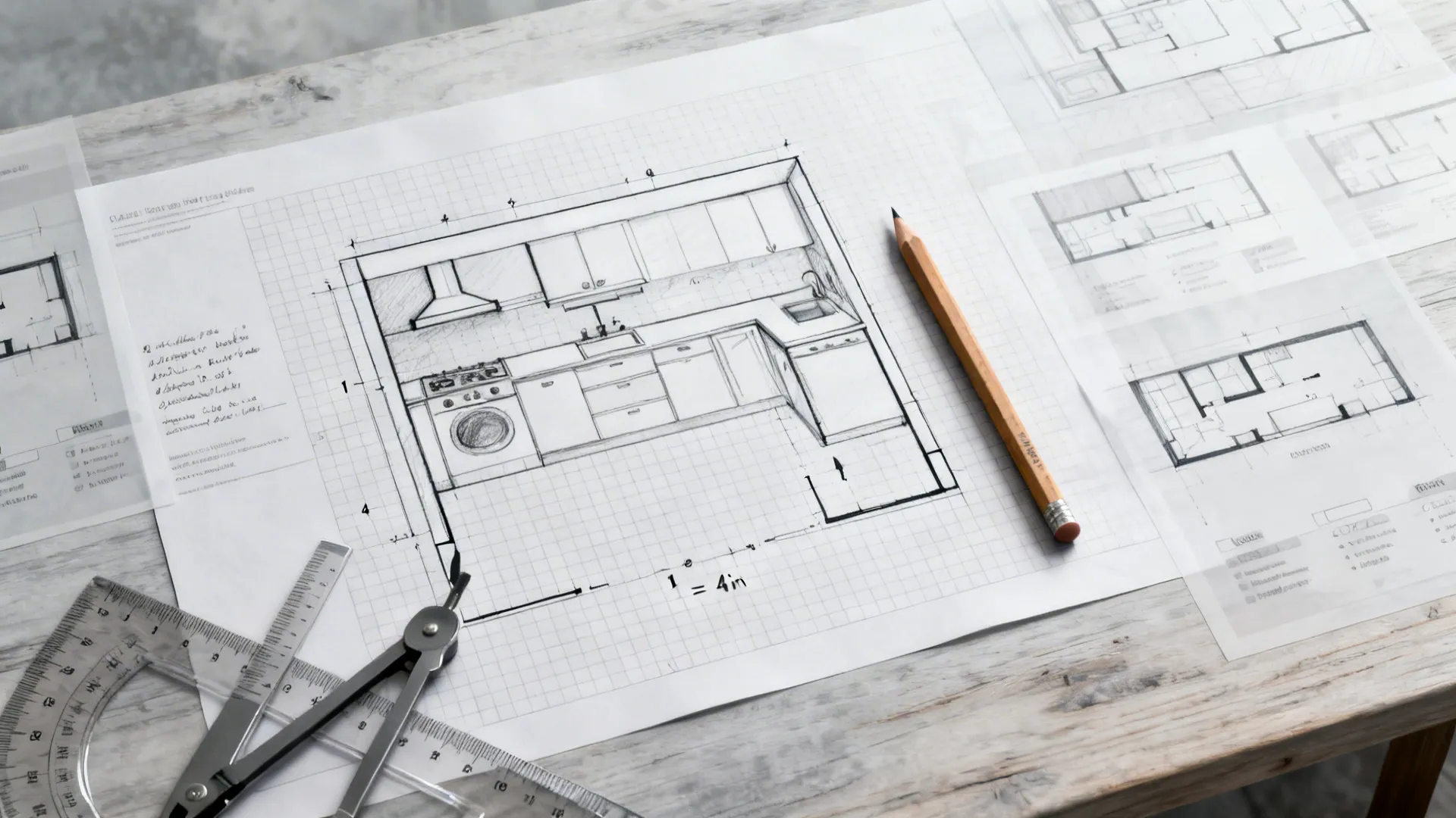 Hand drawn kitchen interior design drawing on graph paper with pencil and metal measuring tools nearby