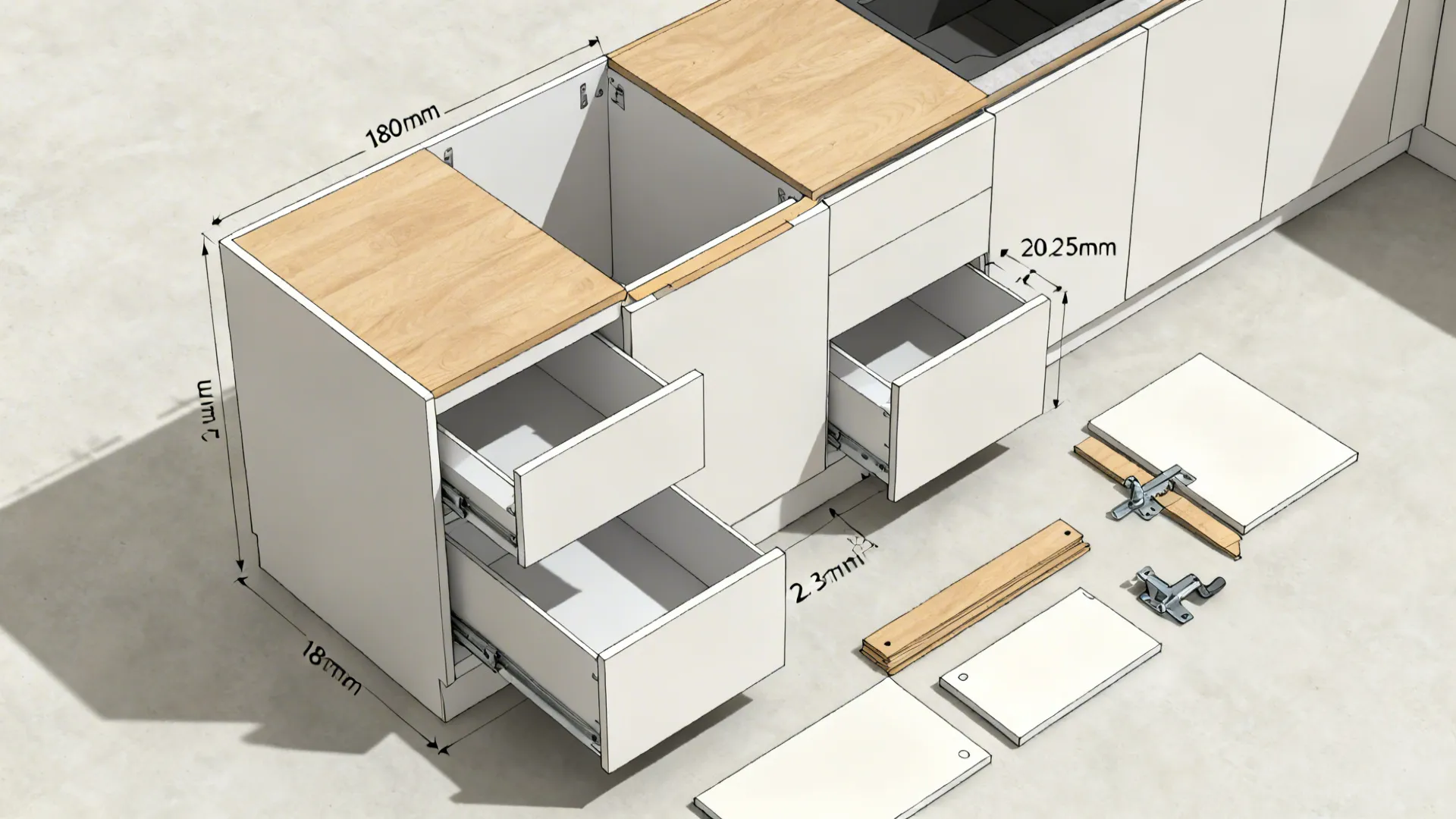 Top-down view of modular kitchen cabinet components showing reveals, clearances, and parametric guides.