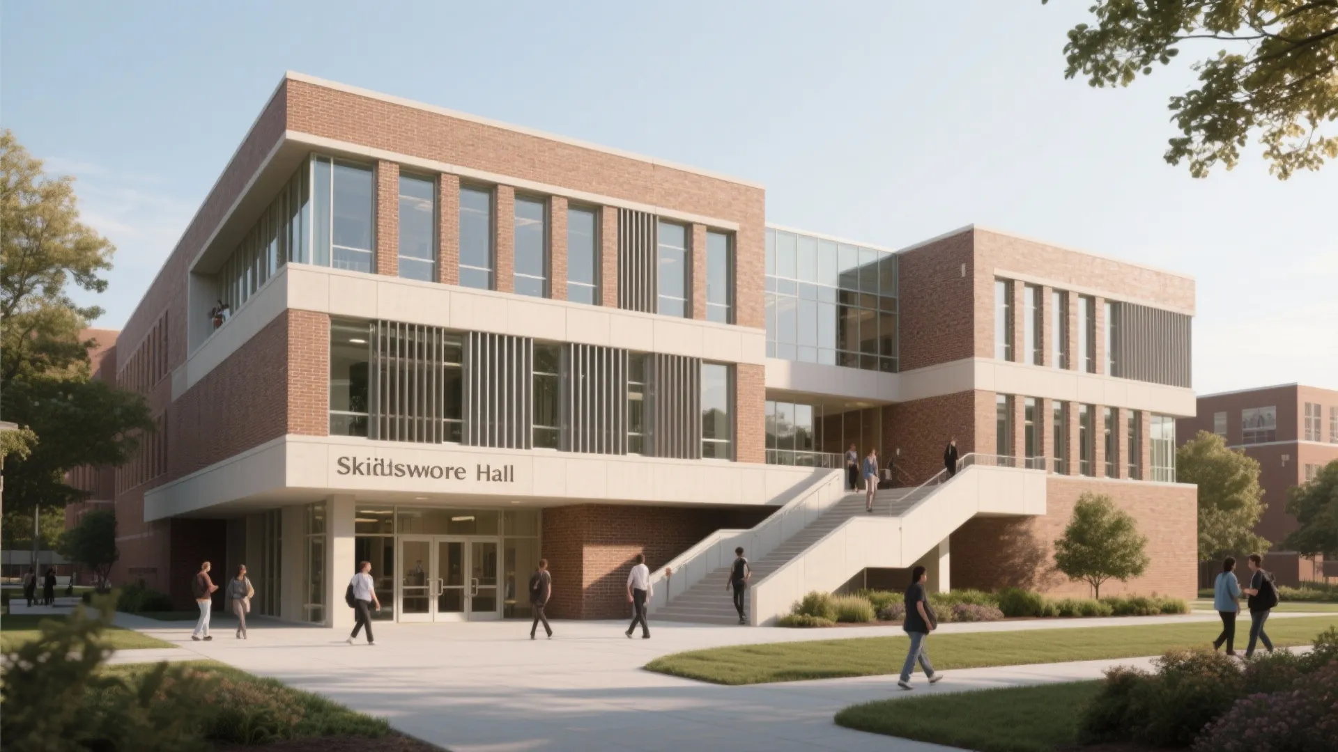 Modern red brick campus building with large glass windows and people walking on paved paths