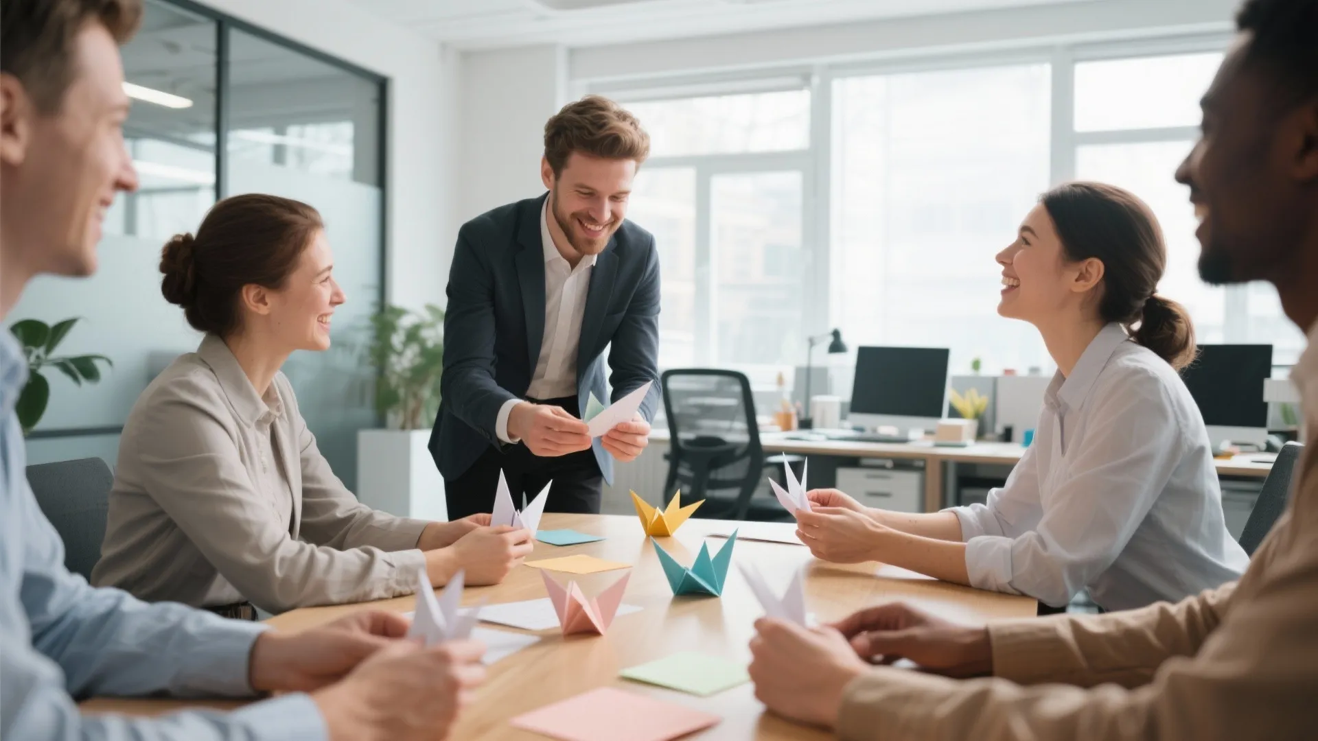 Office team learning origami together during skill swap