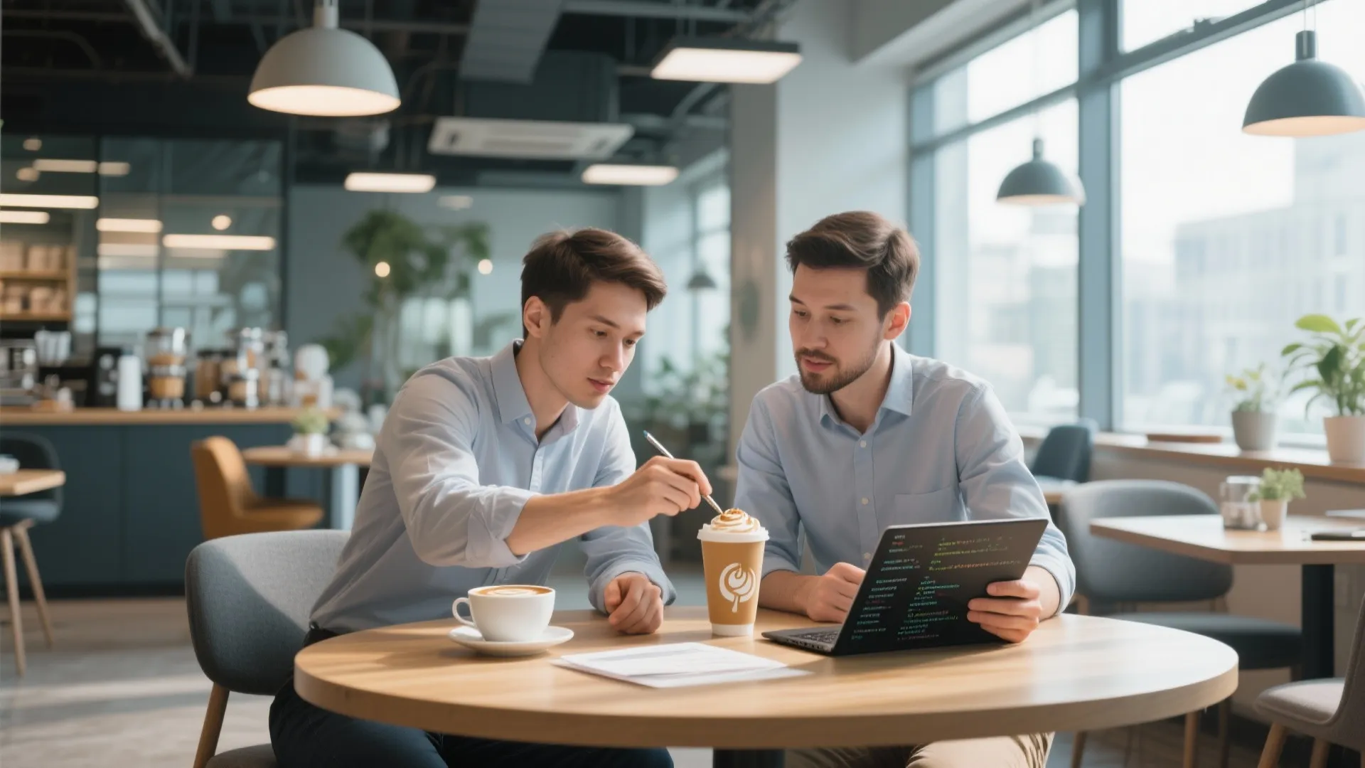 Two young men discussing digital work on a laptop over coffee in a bright modern cafe