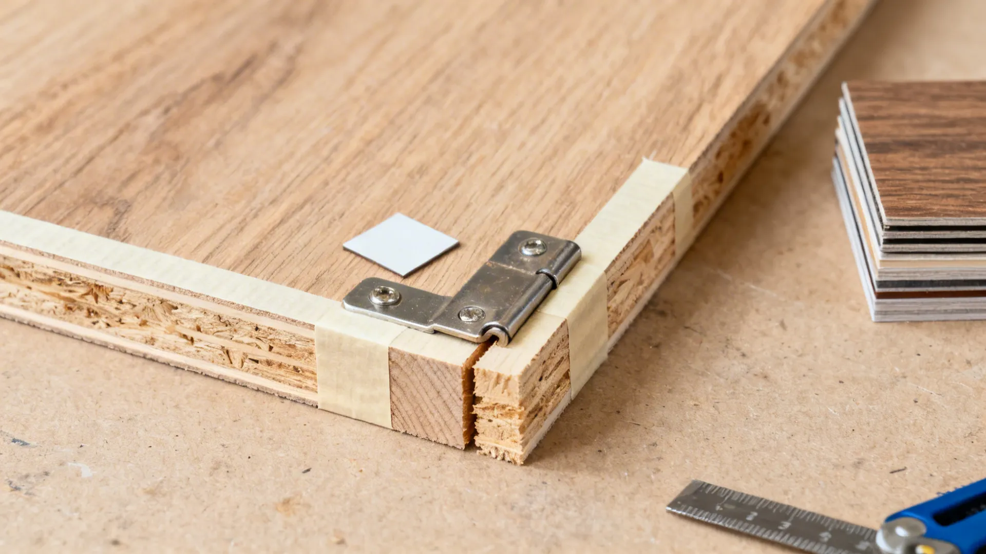 Macro view of cabinet edge banding and hinge alignment checked with a square.