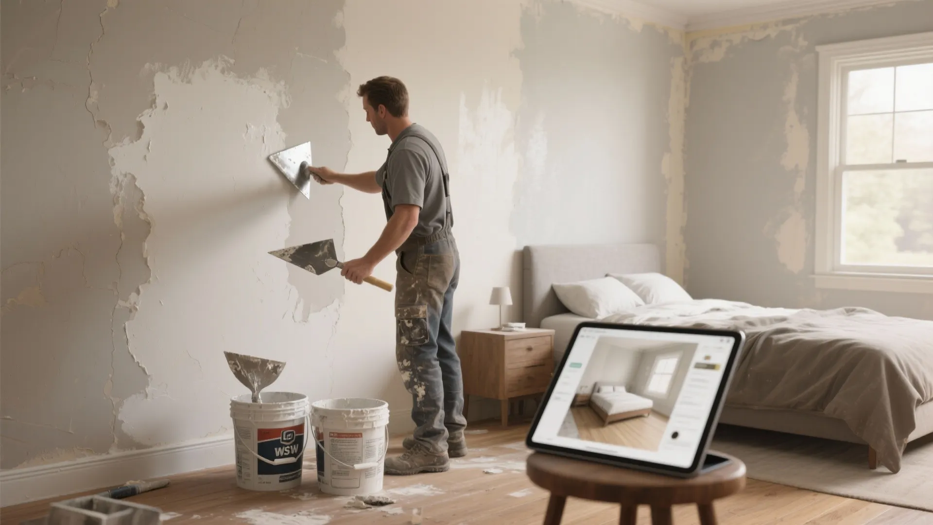 Worker applying a fresh layer of plaster to a bedroom wall with a metal tool