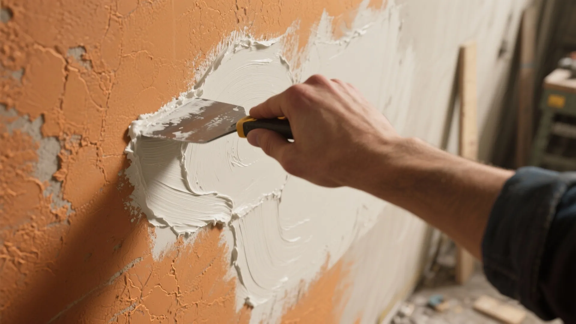Hand applying white wall putty to an orange surface using a small metal scraping tool