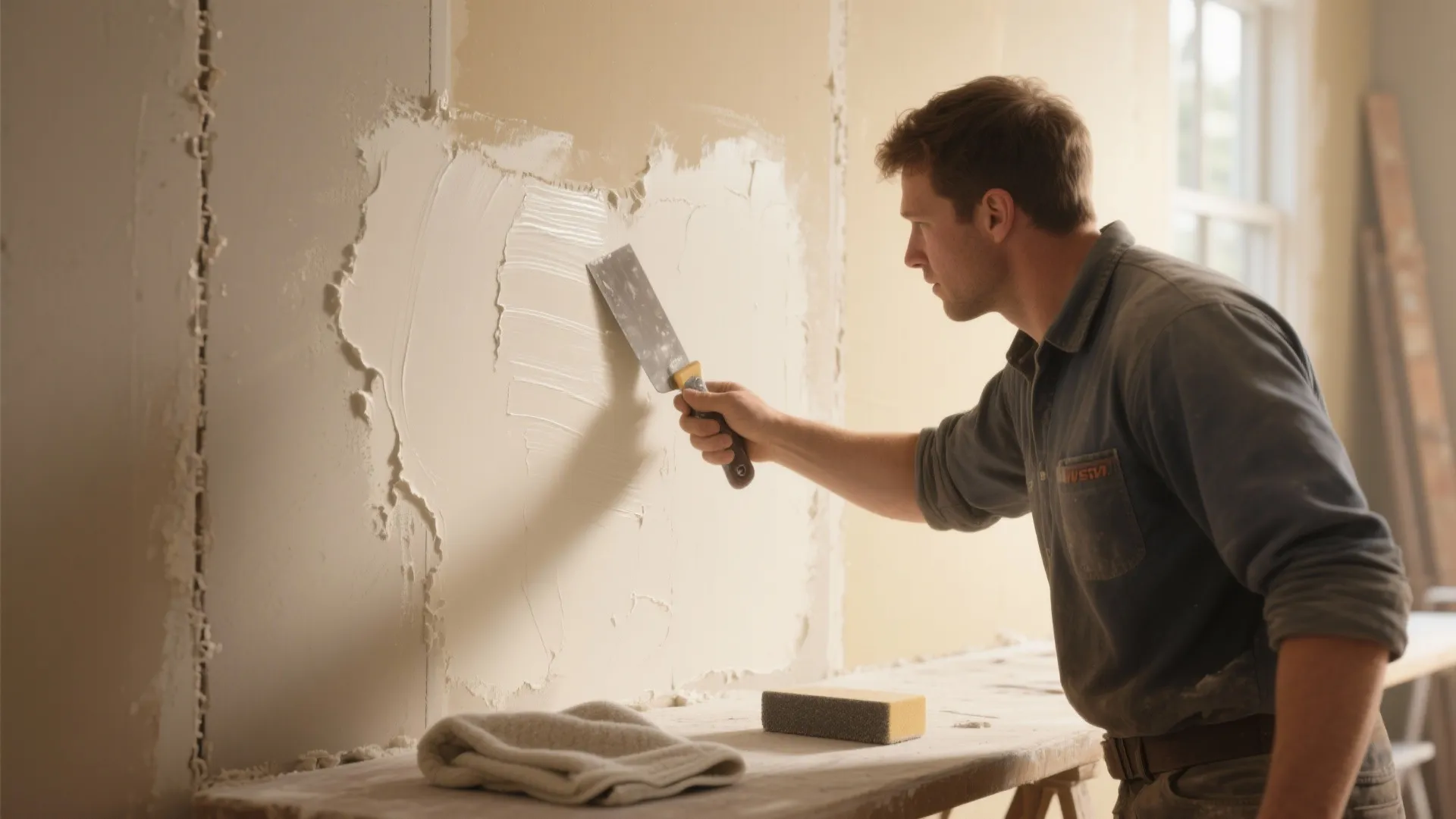 Worker applying a thin skim coat of joint compound over textured paint to level the wall surface.