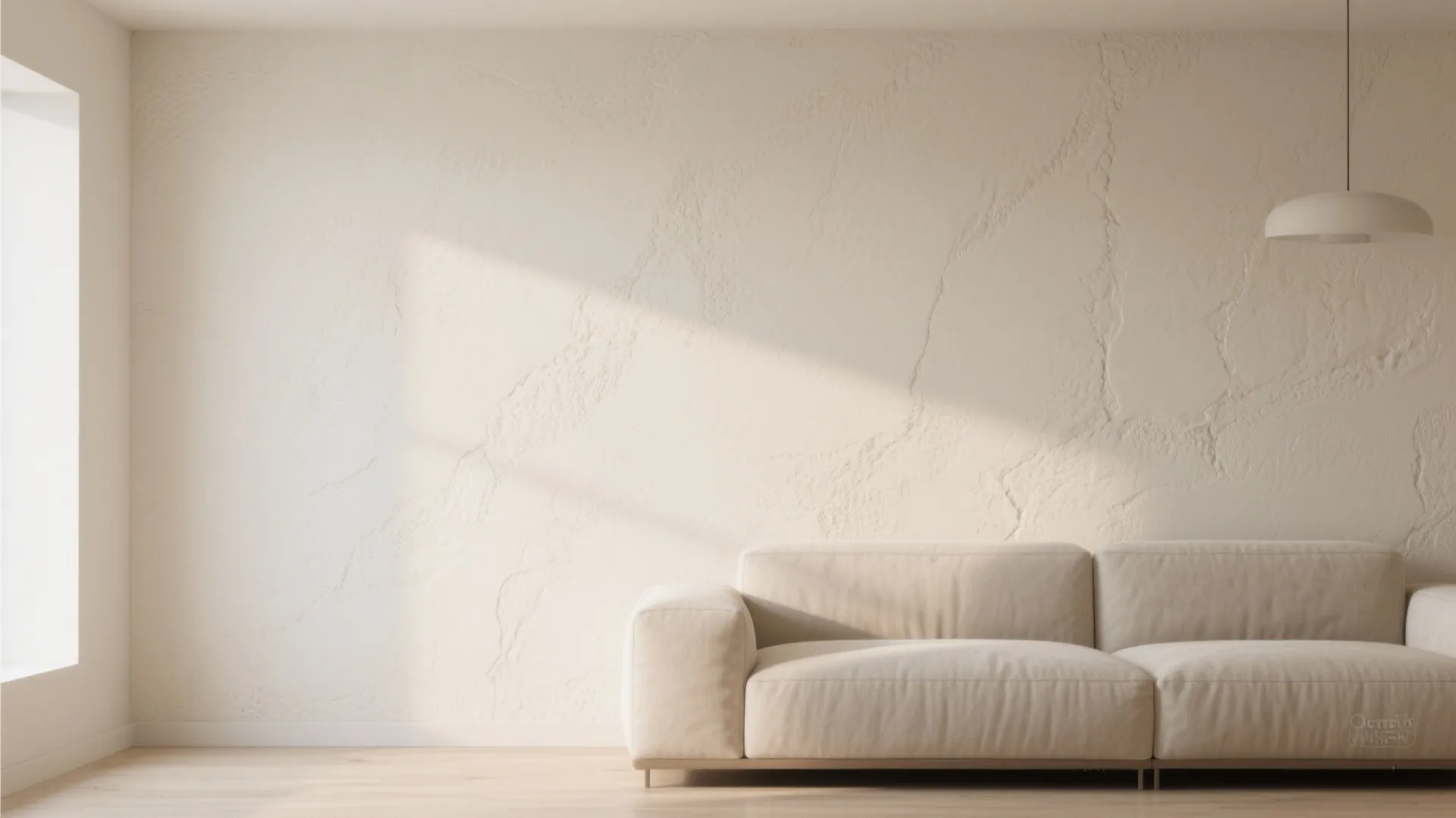 Minimalist living room with a textured beige wall and a soft sofa under natural sunlight