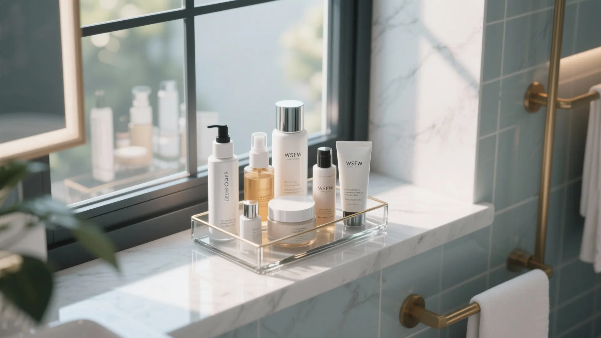 Skincare products on glass tray placed on white marble window ledge in a bright bathroom