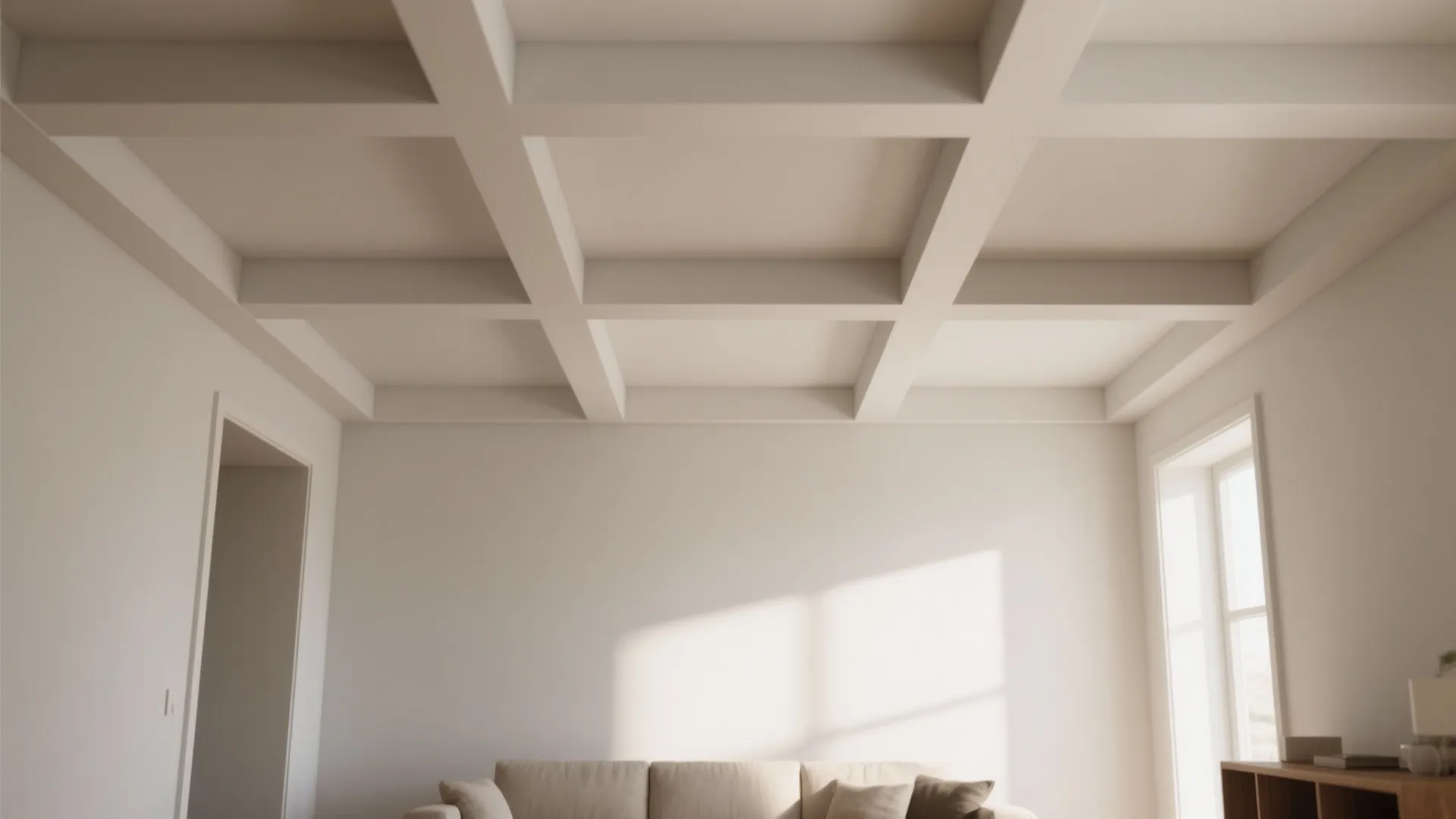Bright living room showing a white grid ceiling design above a sofa and large windows