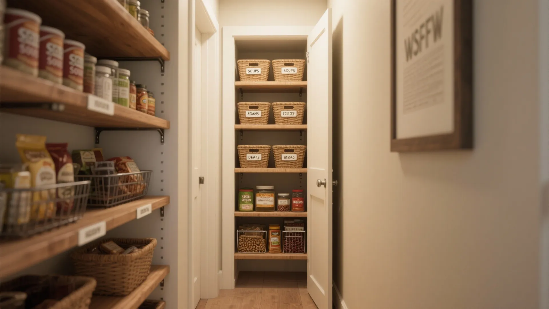 Well organized kitchen pantry with wooden shelves holding labeled woven baskets glass jars and food cans