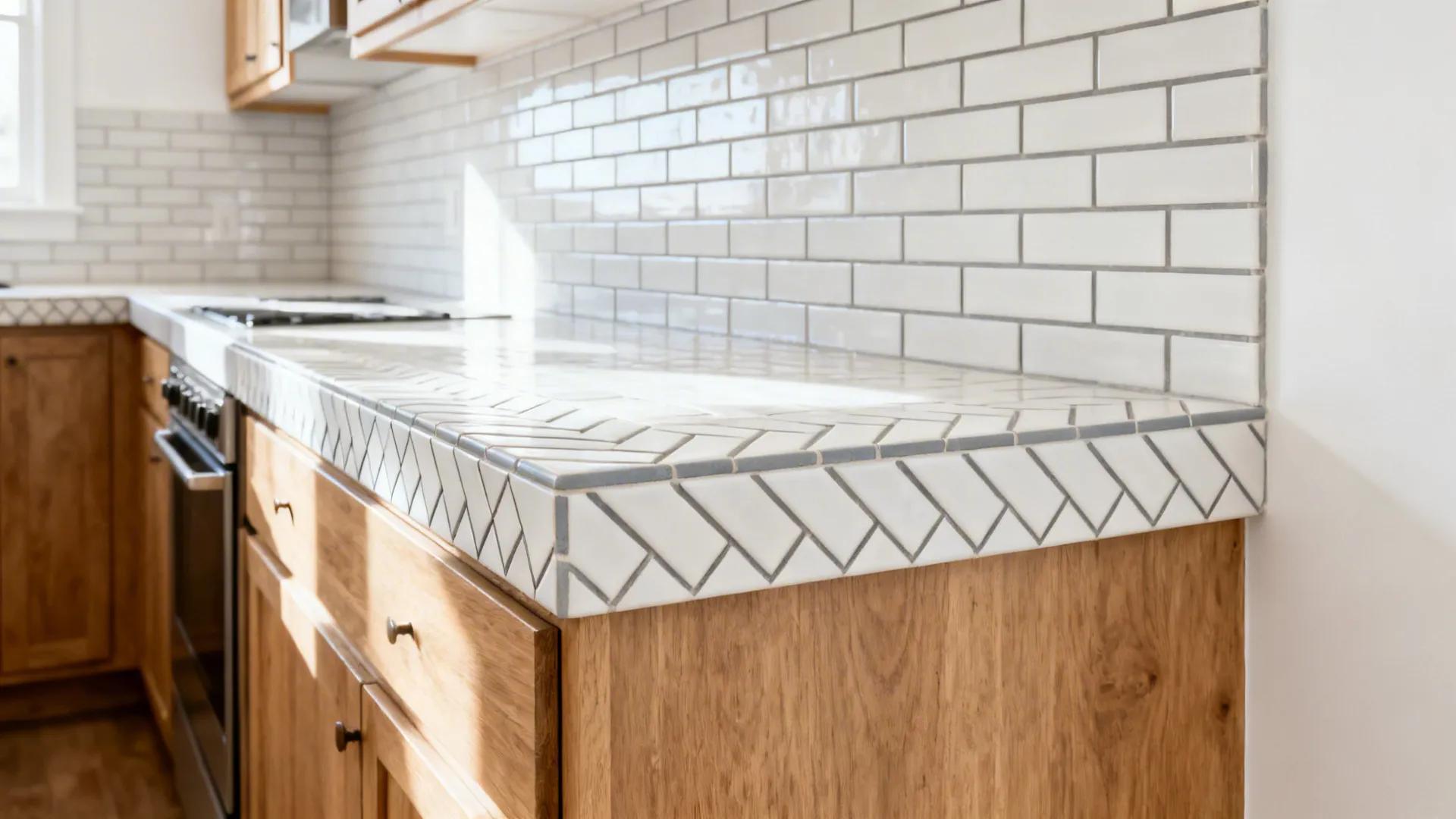 Slim 2x8 subway tile countertop with stacked field and herringbone front edge.