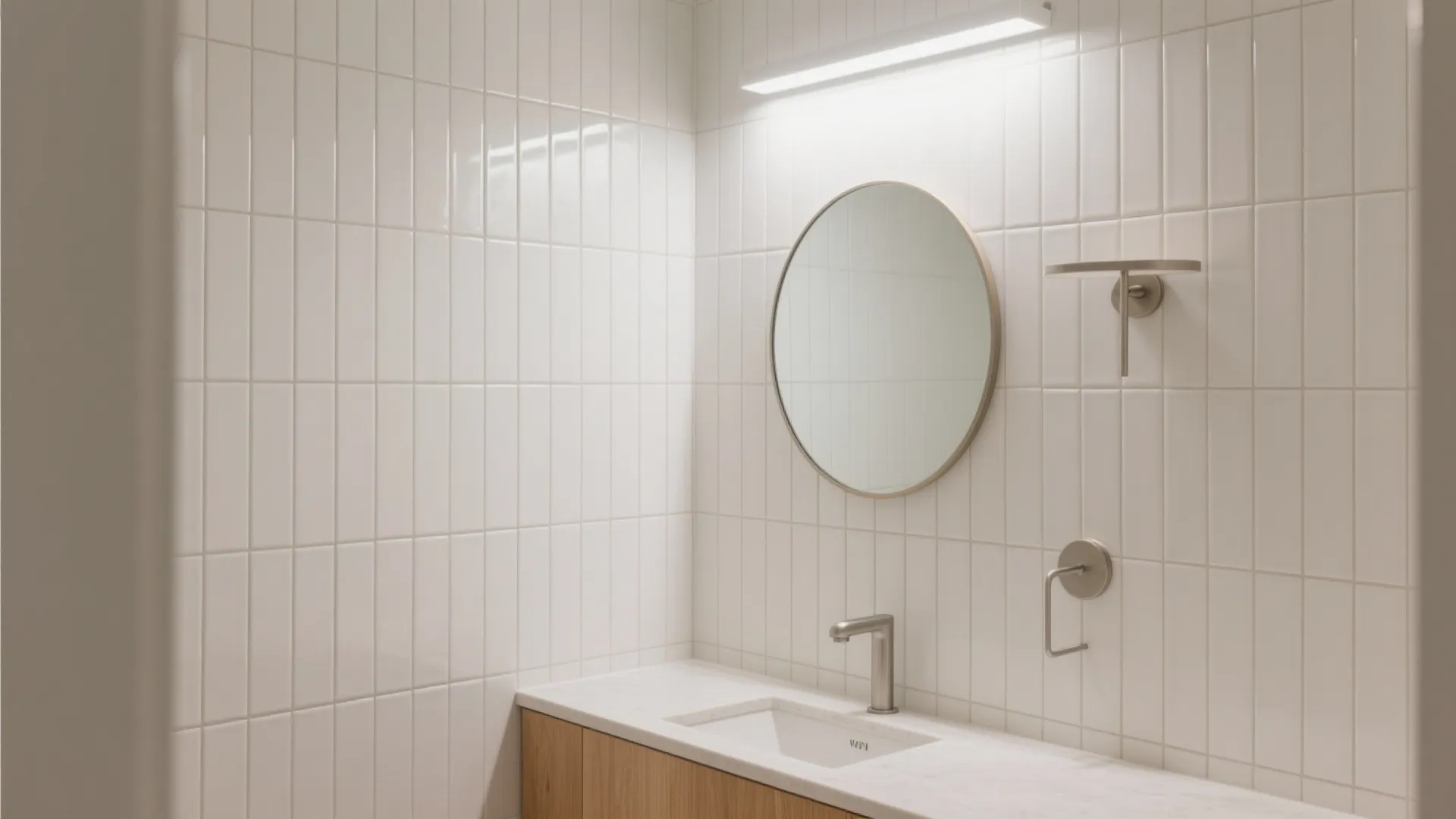Minimalist bathroom sink area with white vertical tiles, round mirror, light fixture, and wood cabinet