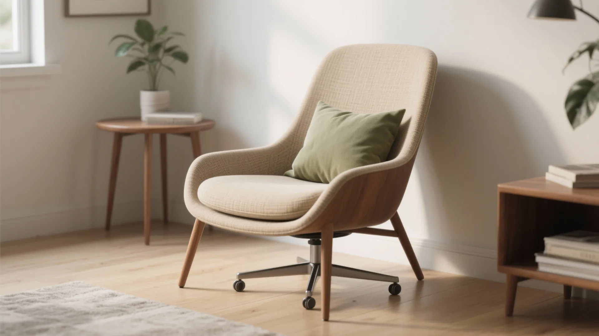 Modern cream swivel chair with green pillow on wooden floor beside a small side table
