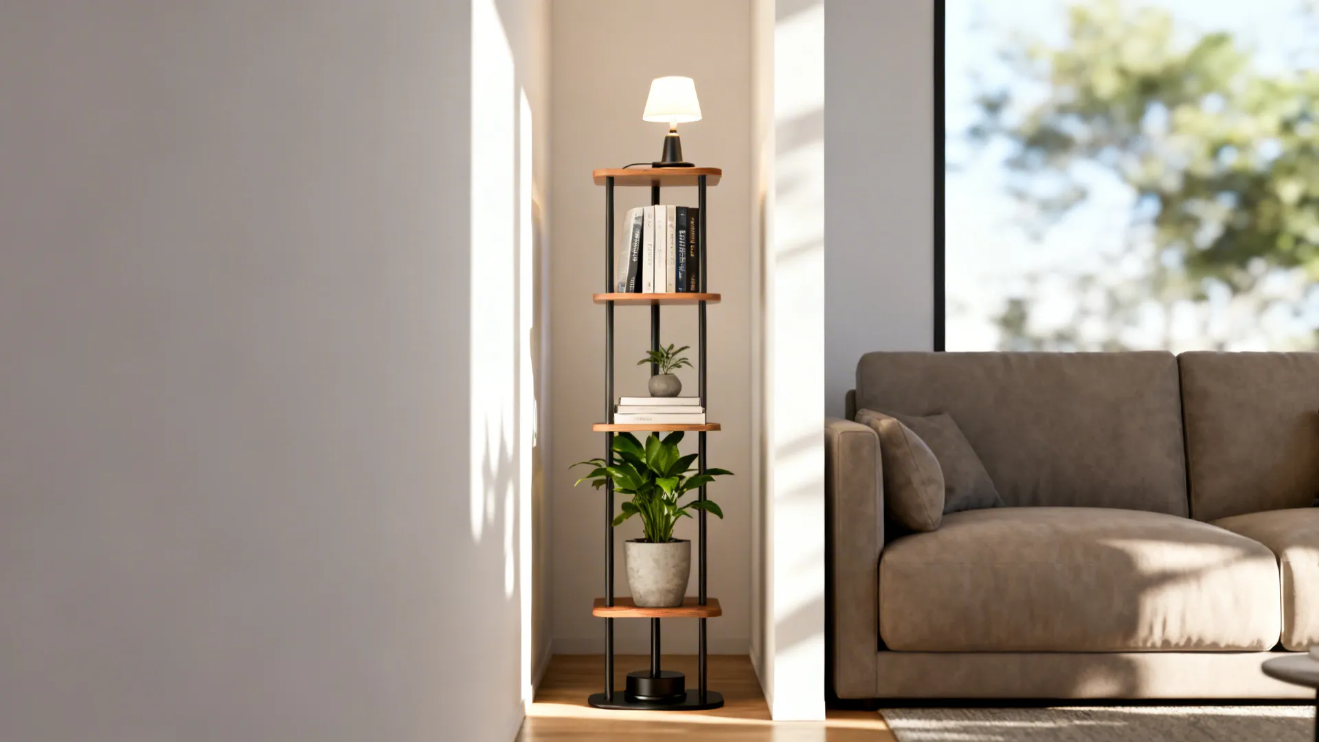 Tall wooden shelf with plants books and lamp standing next to brown sofa in room