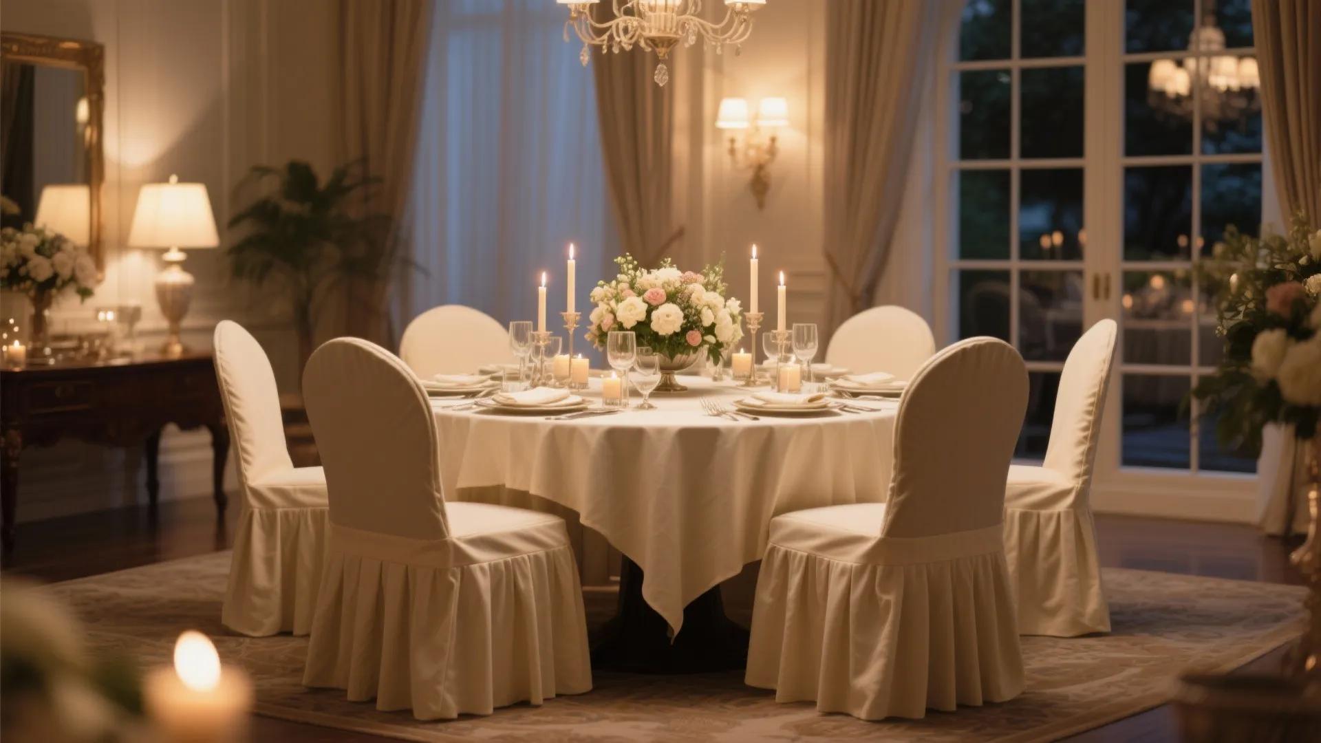 Elegant round dining table with white tablecloth flowers candles and chairs with long white covers