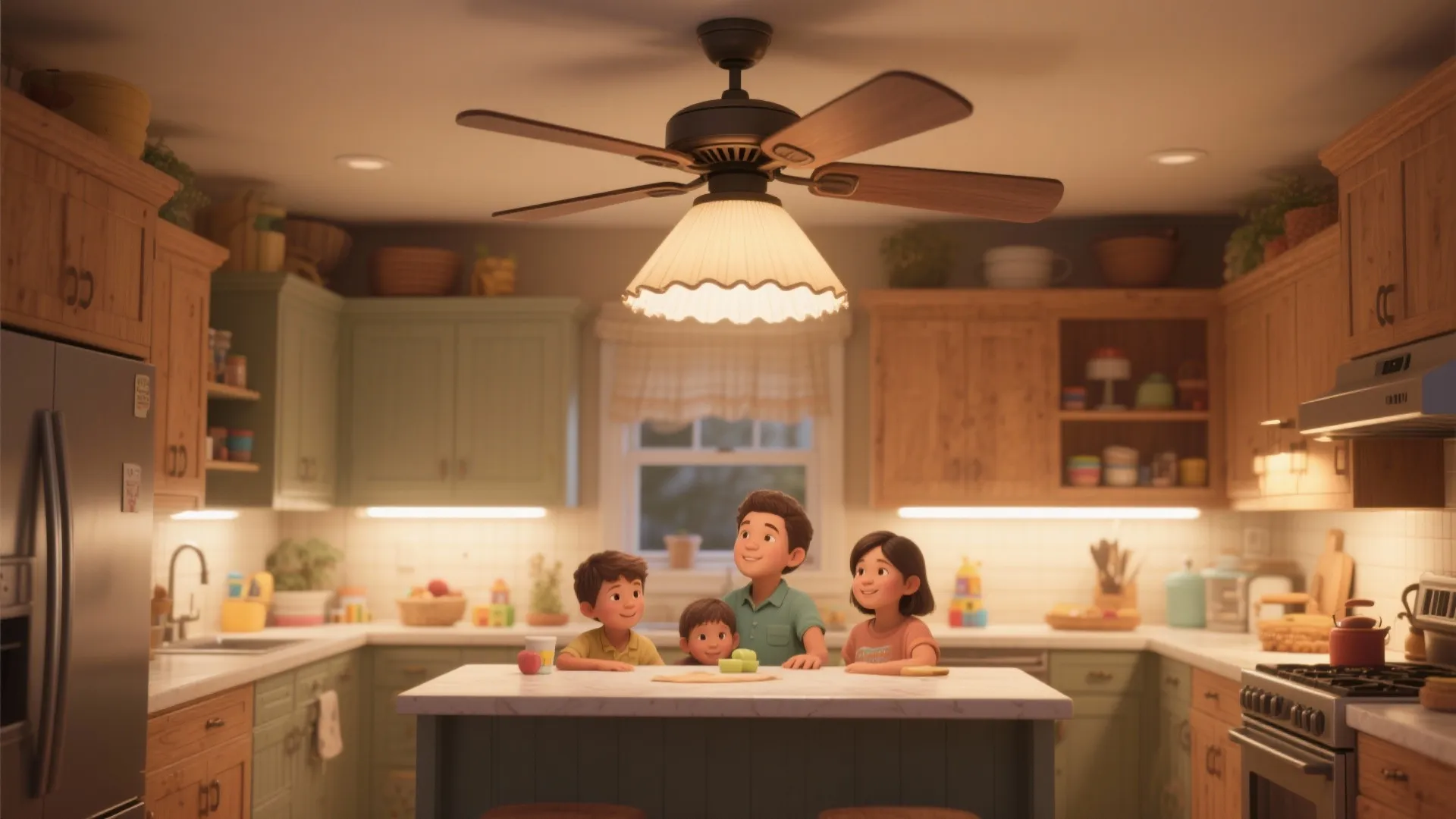 Family standing together in warm kitchen under ceiling fan light with green cabinets and marble island