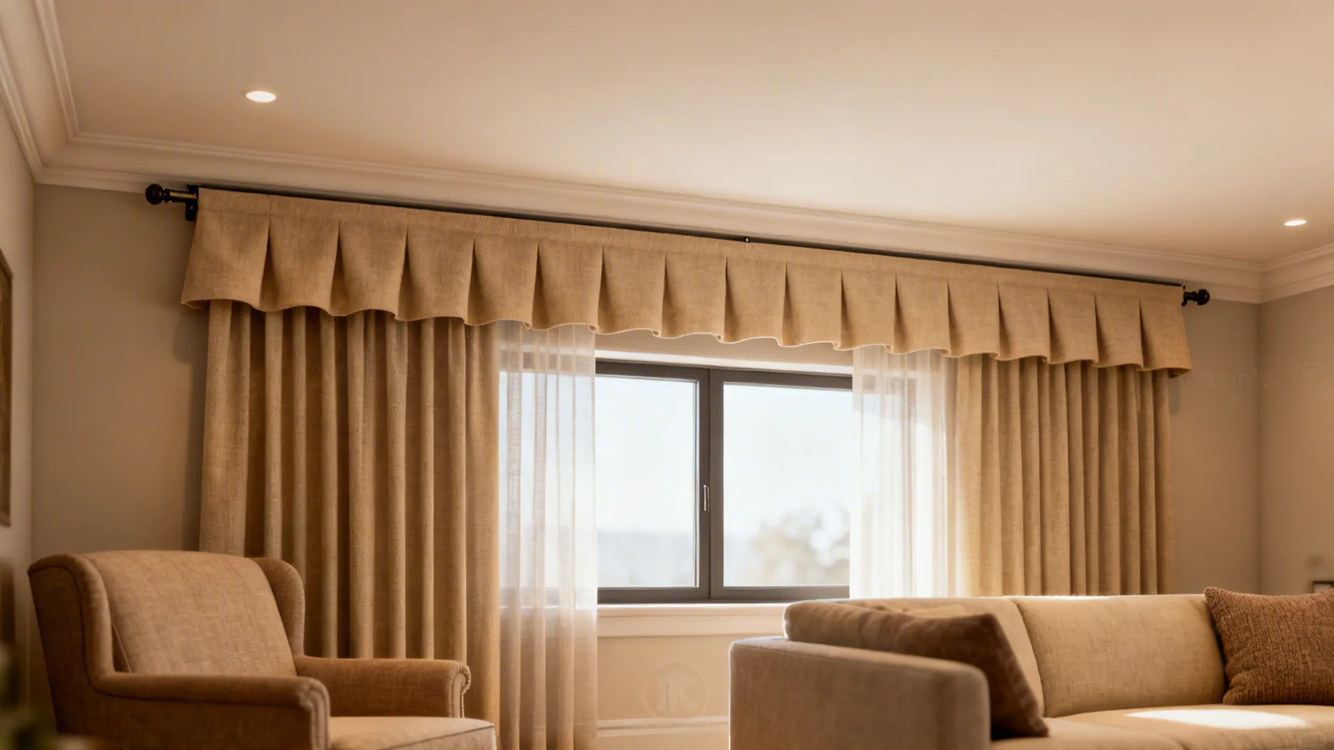 Beige curtain hanging above a window in a living room with a sofa and armchair