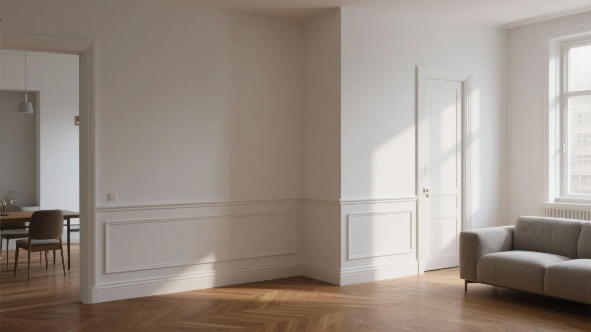 Bright living room with white wall panel grey sofa wooden floor door and windows natural light
