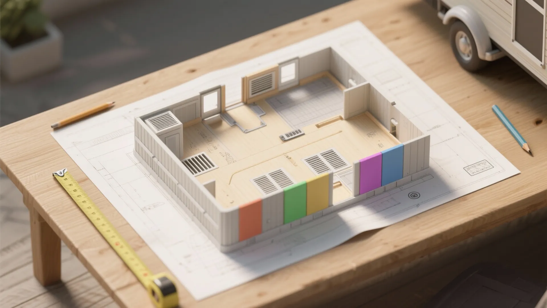 Small 3D room layout model on paper plan with colorful wall panels tape measure pencils
