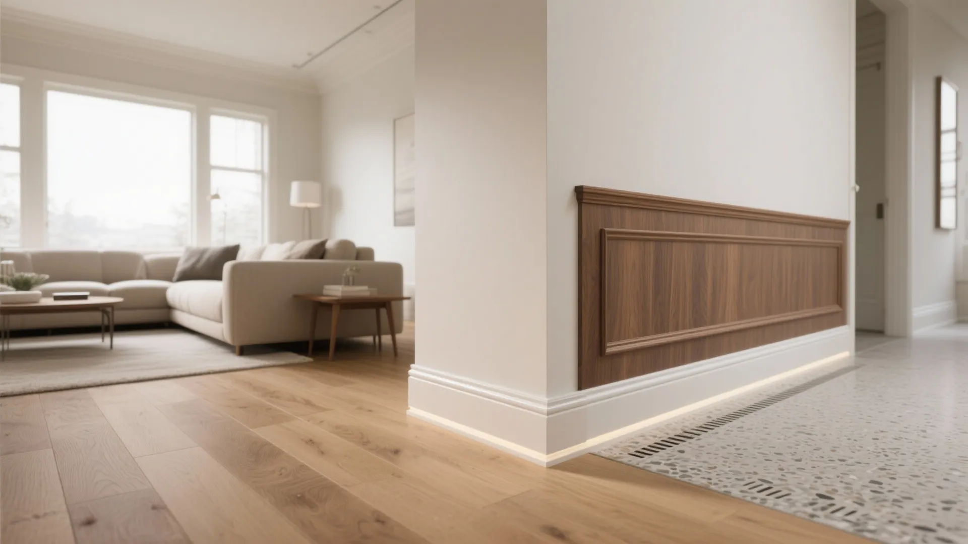 Modern living room with wood wall panel white baseboard lighting and comfortable beige corner sofa