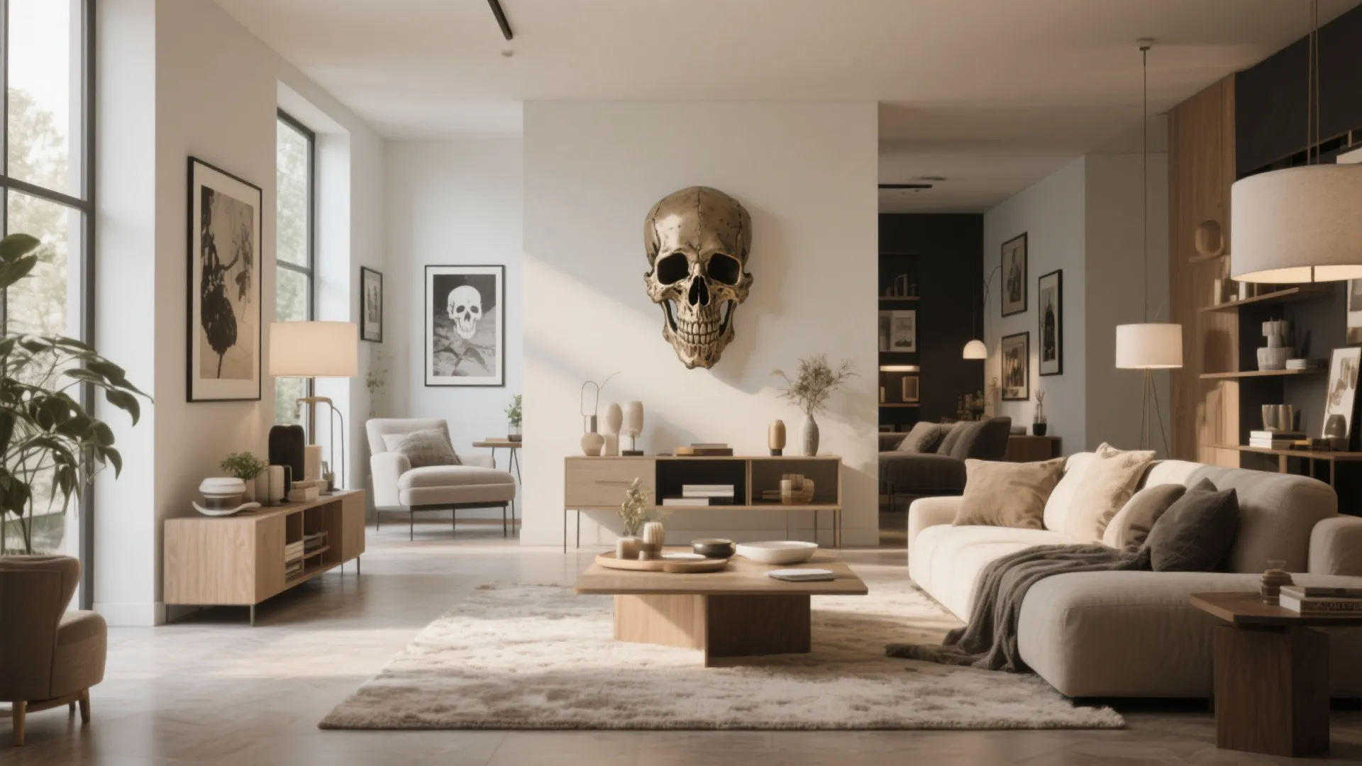 Modern living room with a large gold skull on the wall white sofa wood furniture