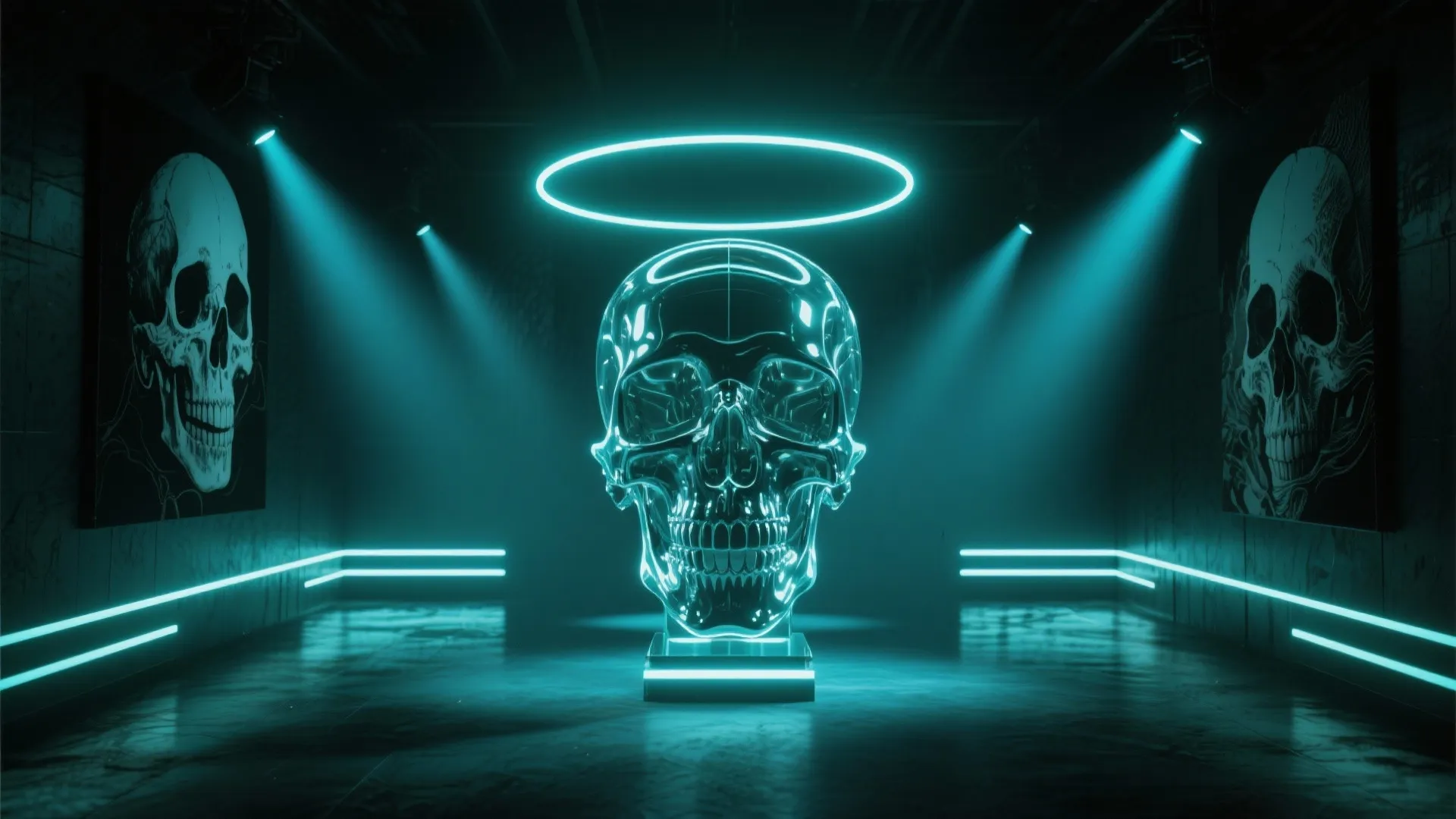 Glass skull under a cyan neon ring light in a dark room with blue spotlight beams