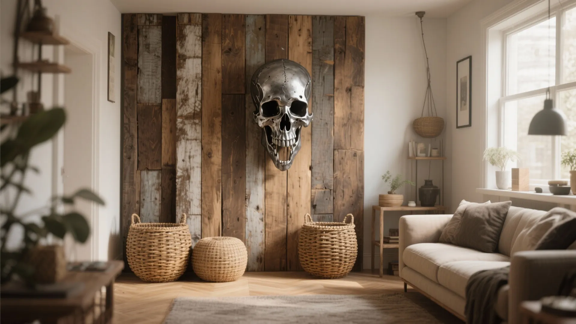 Modern living room with wood wall panel large metal skull decor sofa and woven baskets